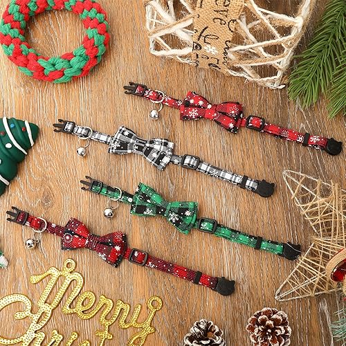 Miniatura 5 de Whaline Paquete de 4 collares de Navidad para mascotas, collar clásico de búfalo a cuadros con lazo extraíble estampado de copo de nieve, collar de
