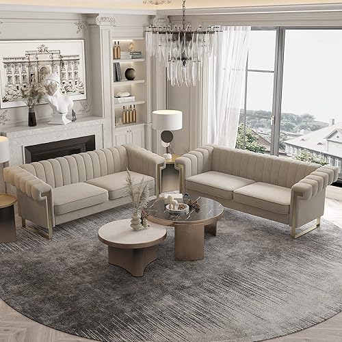 Miniatura 34 de Sofá Chesterfield de terciopelo de 83 pulgadas, moderno sofá biplaza de mediados de siglo para sala de estar y apartamento (P81-caqui cracker)