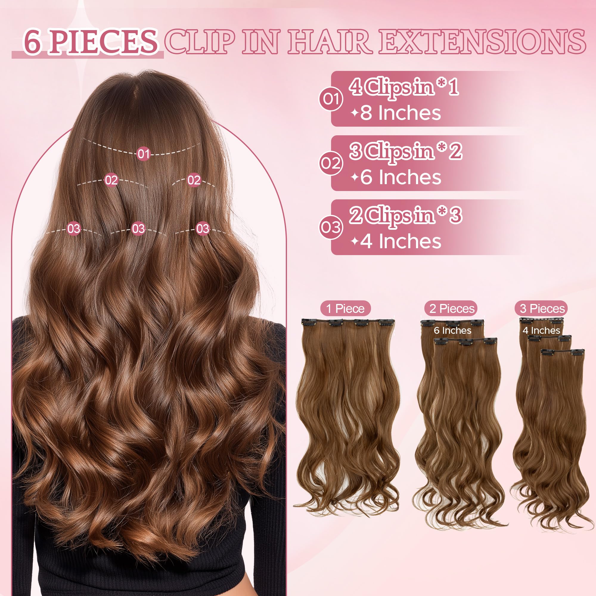 SEGO Clip In Hair Extensions 22 Inch 6PCS Thick Clip In Hair Hairpieces 150g Long Wavy Hair Extension Synthetic Full Head for Women Light Brown - Image 3