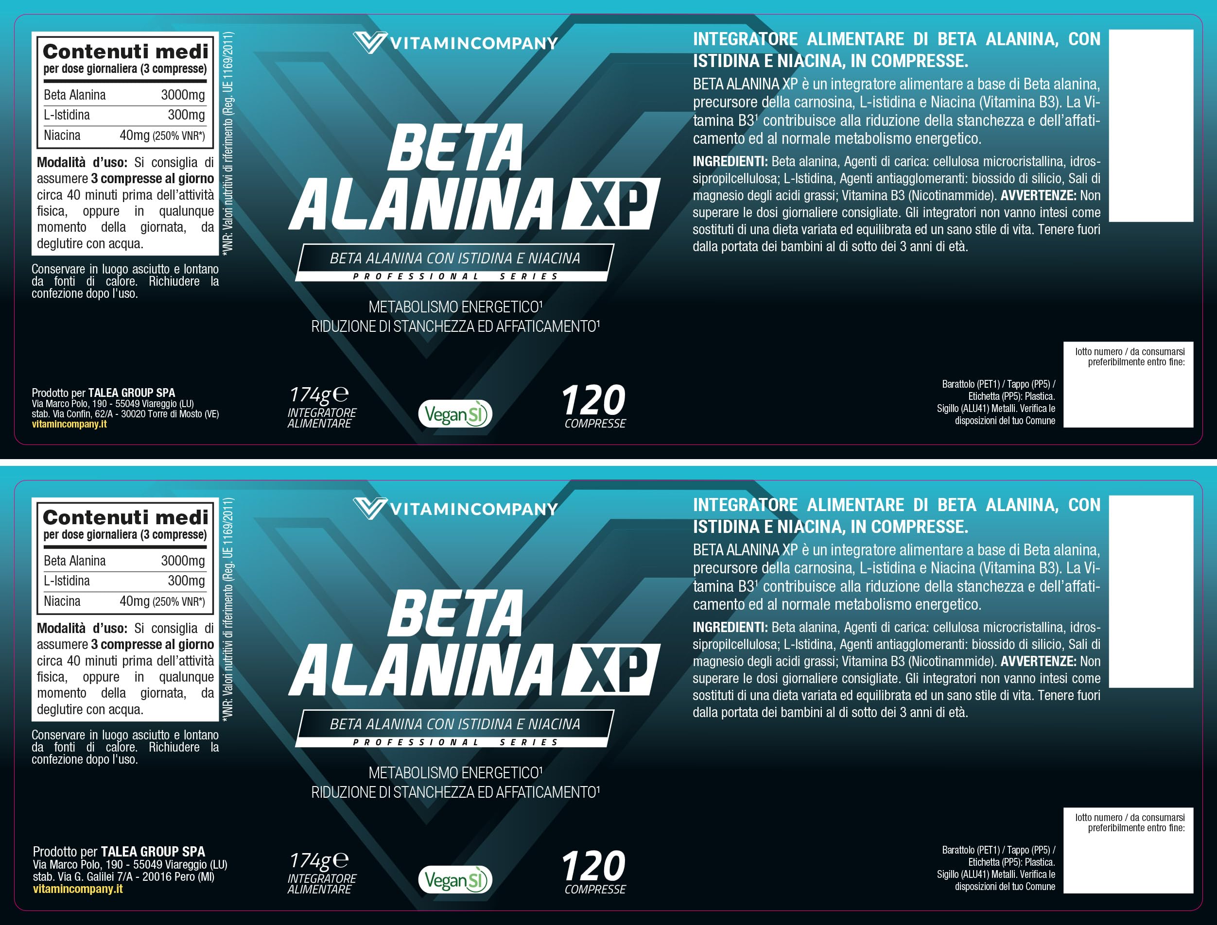 Beta Alanina XP - 1000mg di Beta Alanina per Compressa, con Istidina e Niacina, Supporto Metabolismo Energetico e Contrasto della Fatica, 120 Compresse
