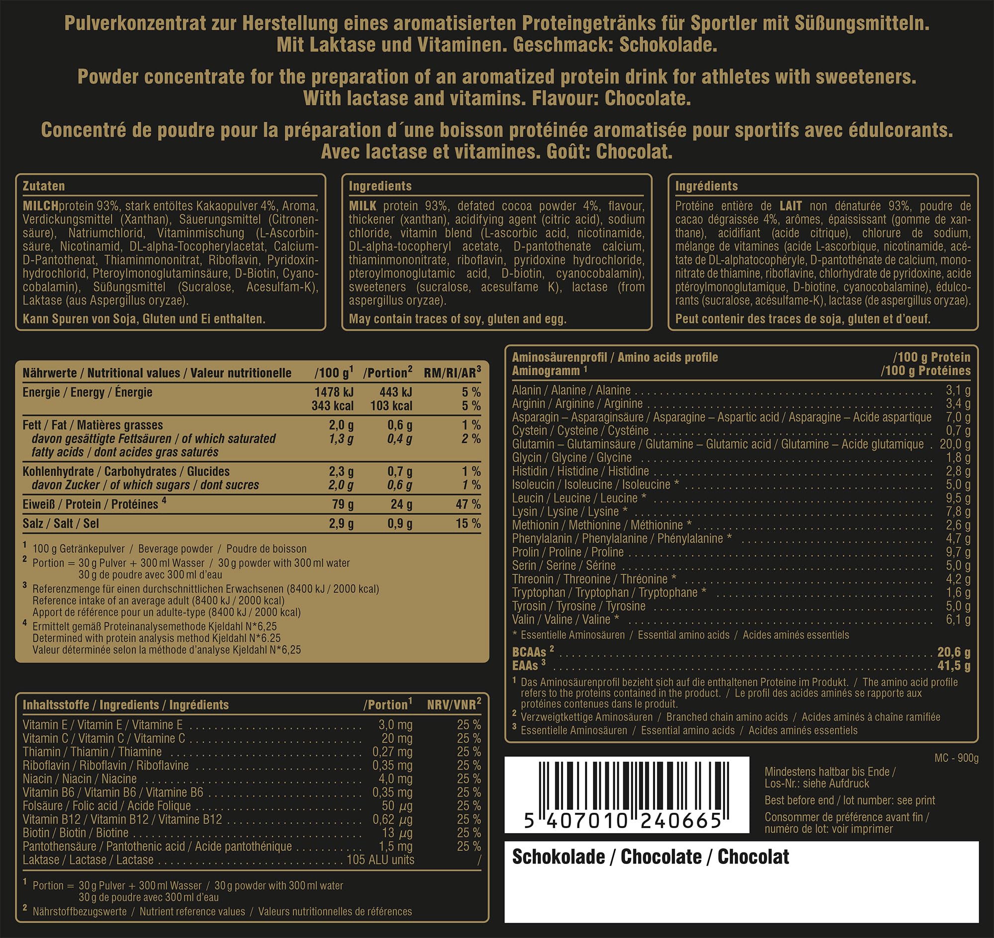 PEAK Micellar Casein - 900g Geschmack Chocolate I 30 Portionen I Pulver I Proteinquelle: Milchprotein I fettarm I Muskelaufbau I mit Sättigungseffekt & Zusatz von Laktase