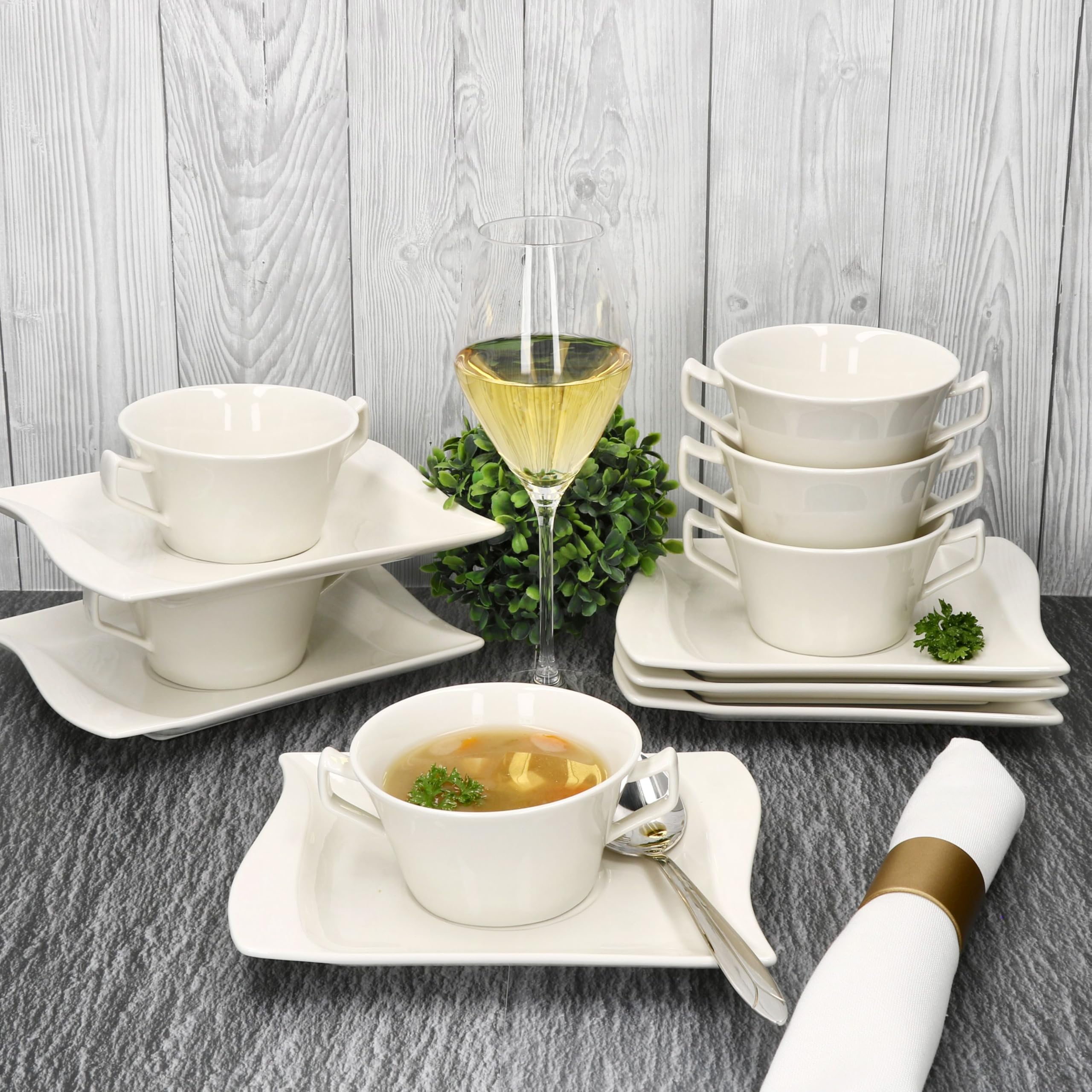 MamboCat 6er Set Ivory Suppentasse 200 ml mit Untertassen I elfenbeinweiße Porzellan-Suppenterrine mit rechteckigen Untertassen für 6 Personen