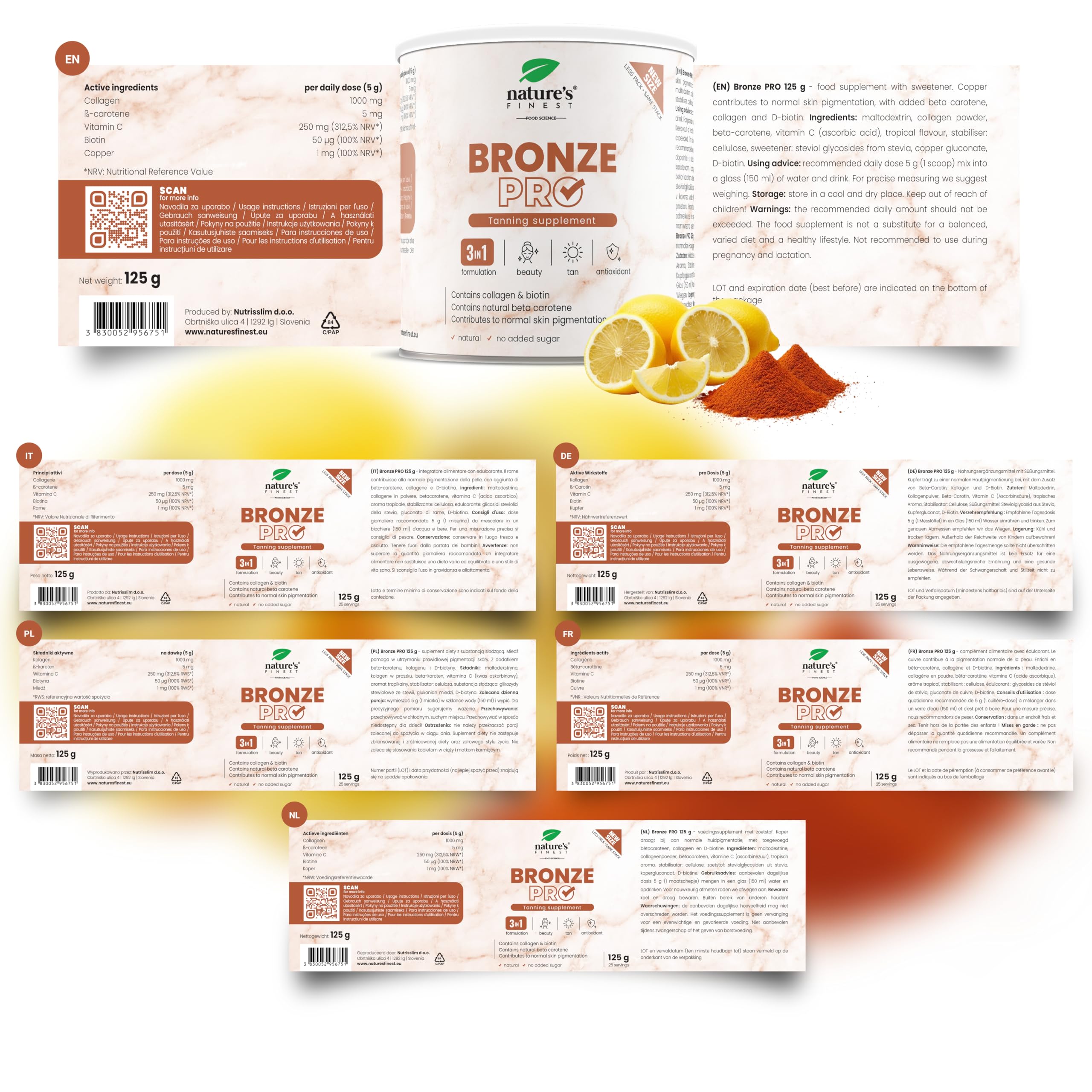 Nature's Finest Bronze PRO - Integratore Solare con Betacarotene Ultra Attivo - Abbronzante da Bere per Corpo e Viso - Acceleratore Naturale, Autoabbronzante, Protezione Solare - 125 g