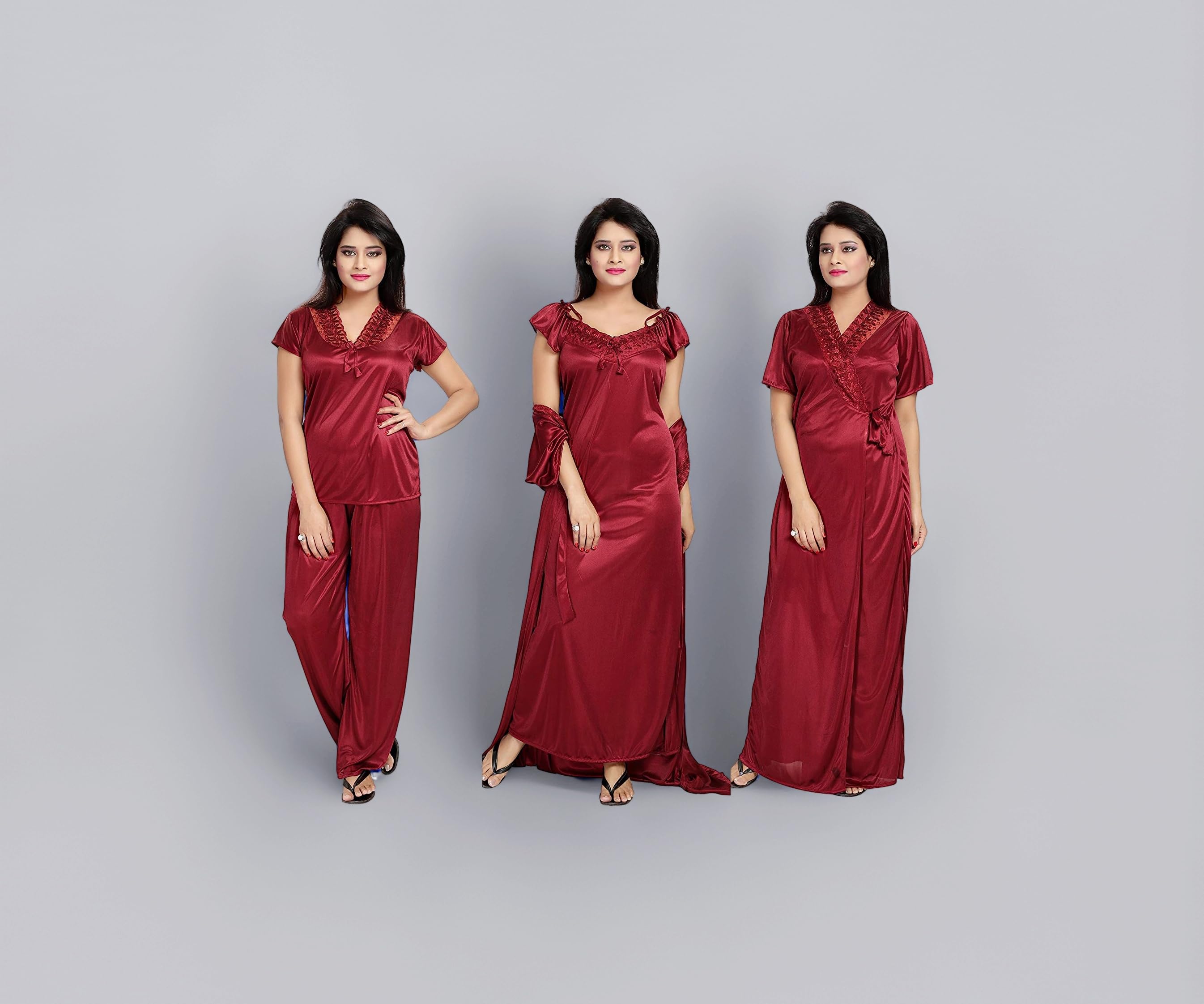 Women's Satin Solid Nightwear Set of 4 Pcs Maxi Nighty, Wrap Gown, Top, Capri (Maroon, Free Size)