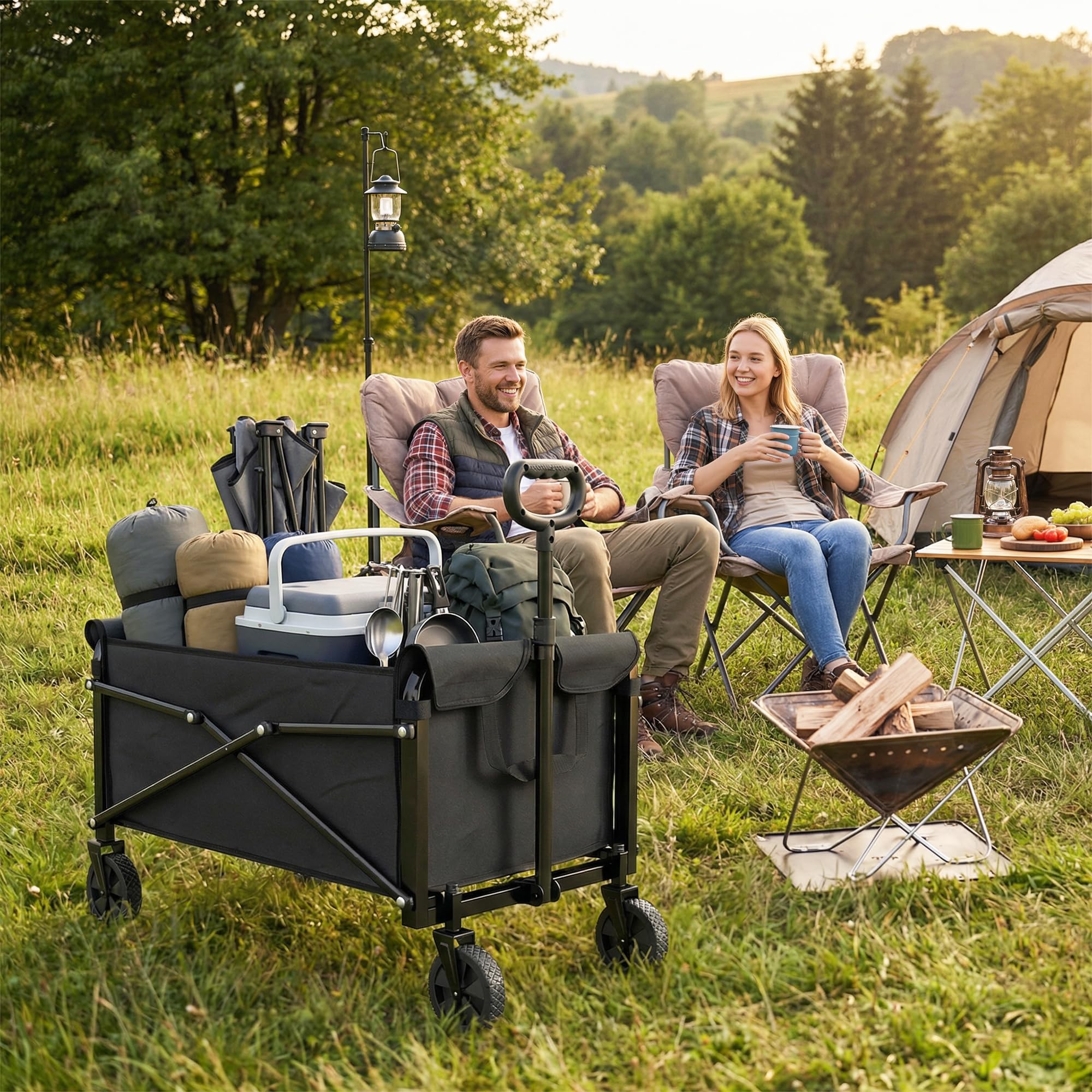 Outsunny Chariot de jardin pliable 50 kg avec poignée réglable, frein, roues, 80 l, noir