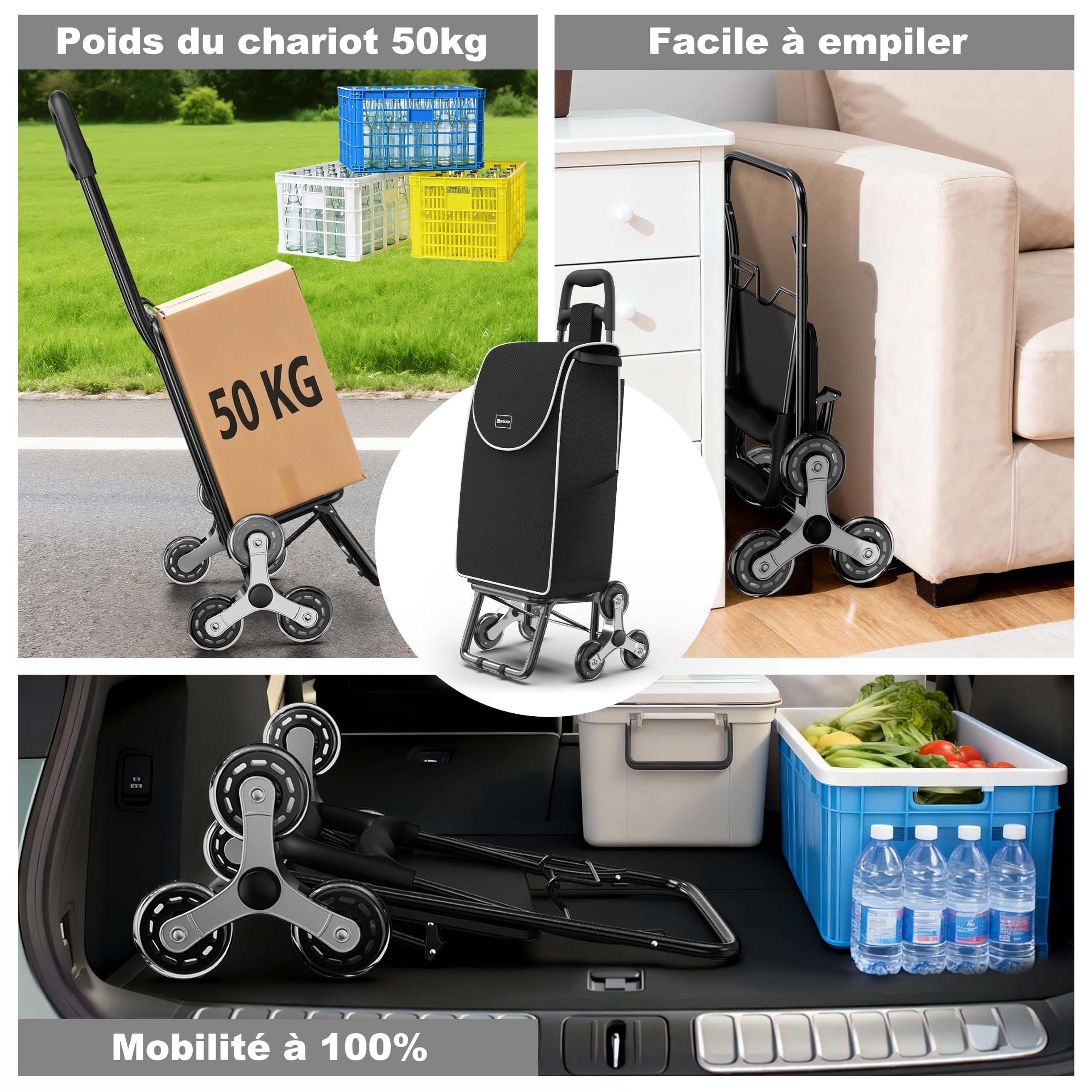 Chariot de Course Chariot marché, Panier d'épicerie Pliable léger avec capacité de 56L,Escalier grimpeur avec 6 Roues,50kg,Sac Oxford démontable (Noir S1)