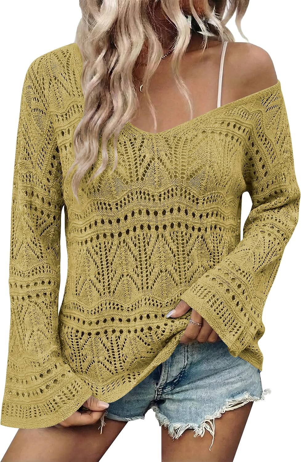 Cakulo Womens Spring Summer Off Shoulder Crochet Boho Tops Lightweight V Neck Sweaters 2026 Vacation Cruise Resort Wear