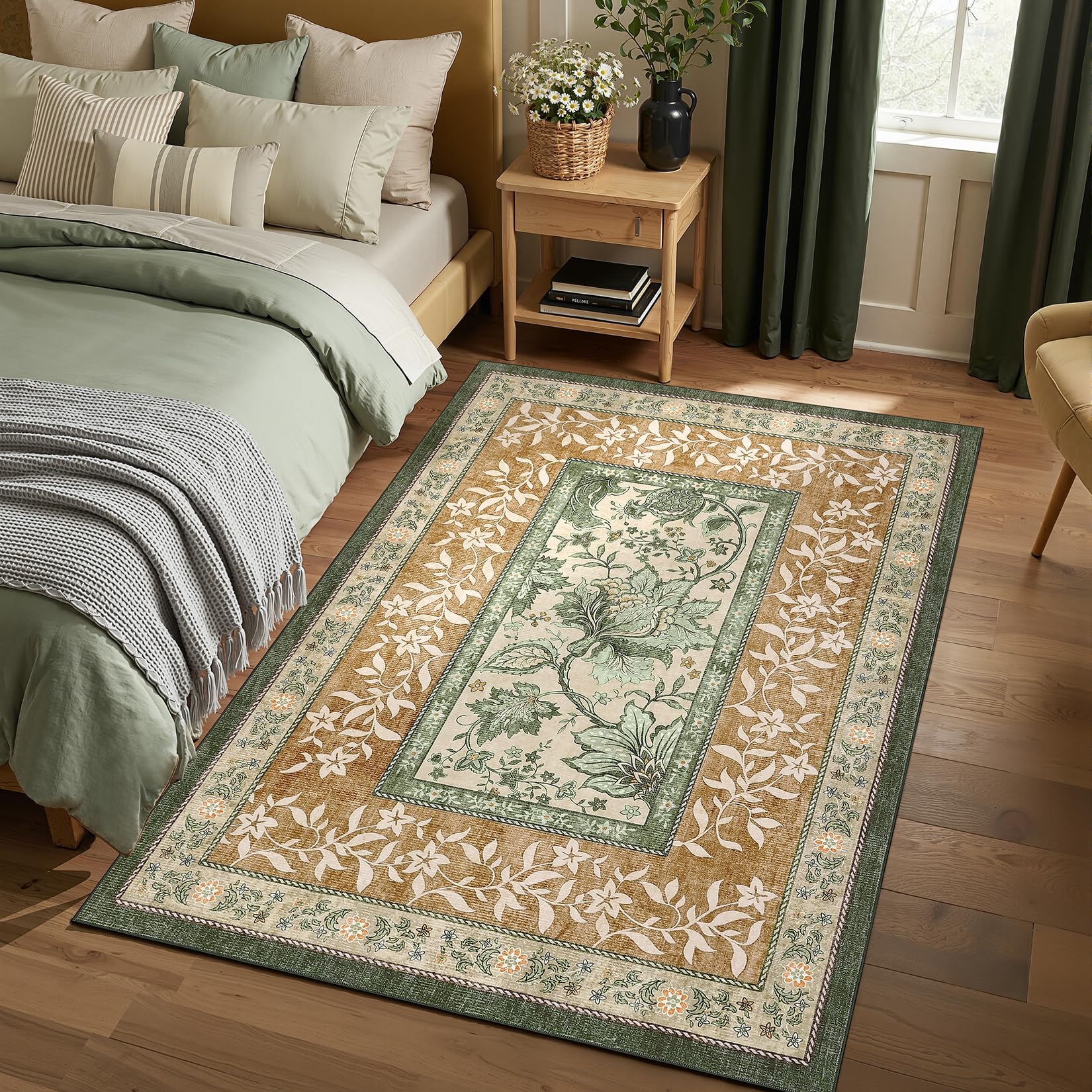 FairyStyle Vintage Floral Bordered Brown 120 x 170 cm Washable Area Rug, Low-Pile Faux Cashmere Rug with Non-Slip TPR Backing for Bedroom, Living Room, Home Office and Nursery