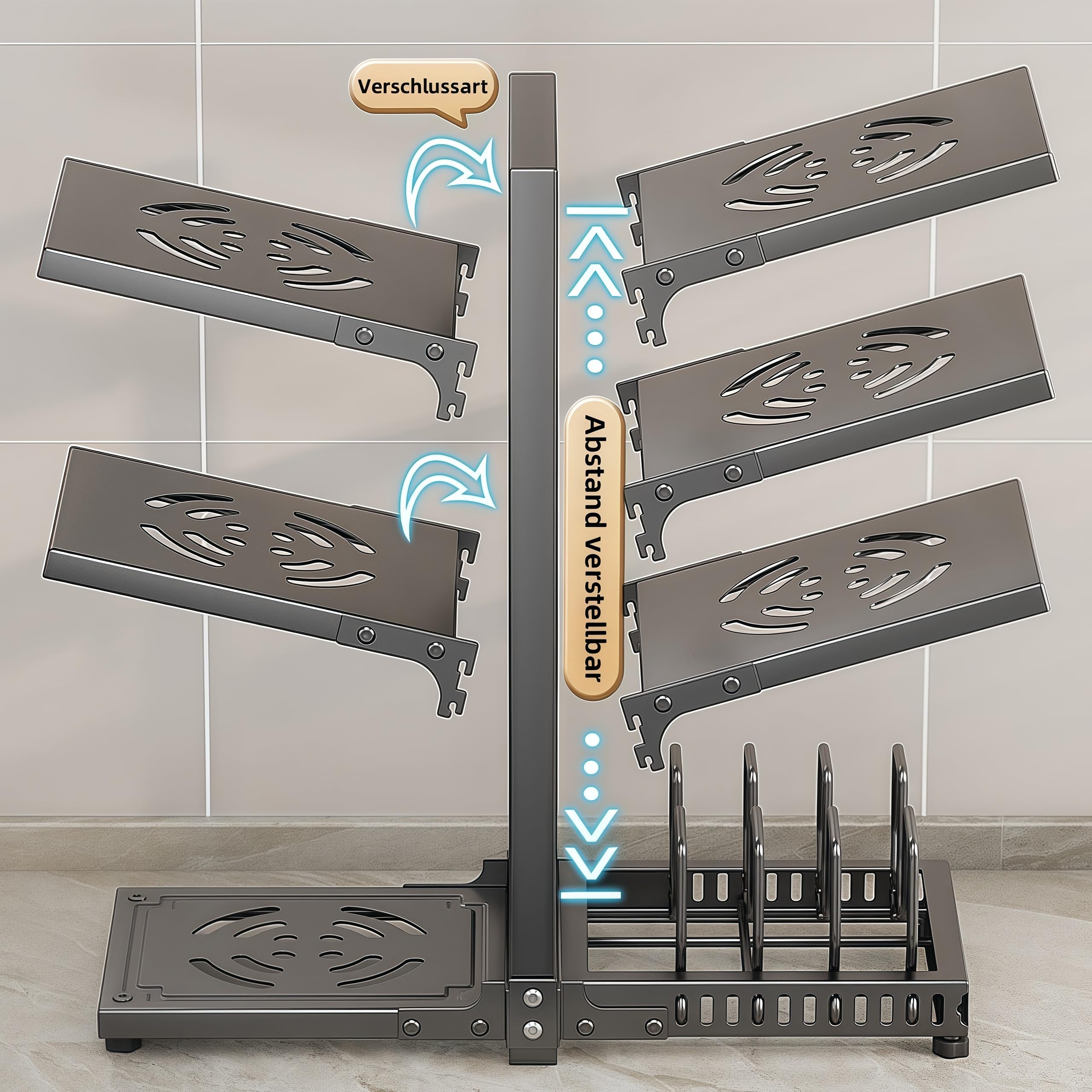 Töpfe Organizer für Schrank verstellbar Fächern Topf Pfannenhalter 4/5/7 Etagen Pfannen Organizer Pfannenständer mit Topfdeckelhalter für Küchenschrank (7 Etagen, Schwarz)