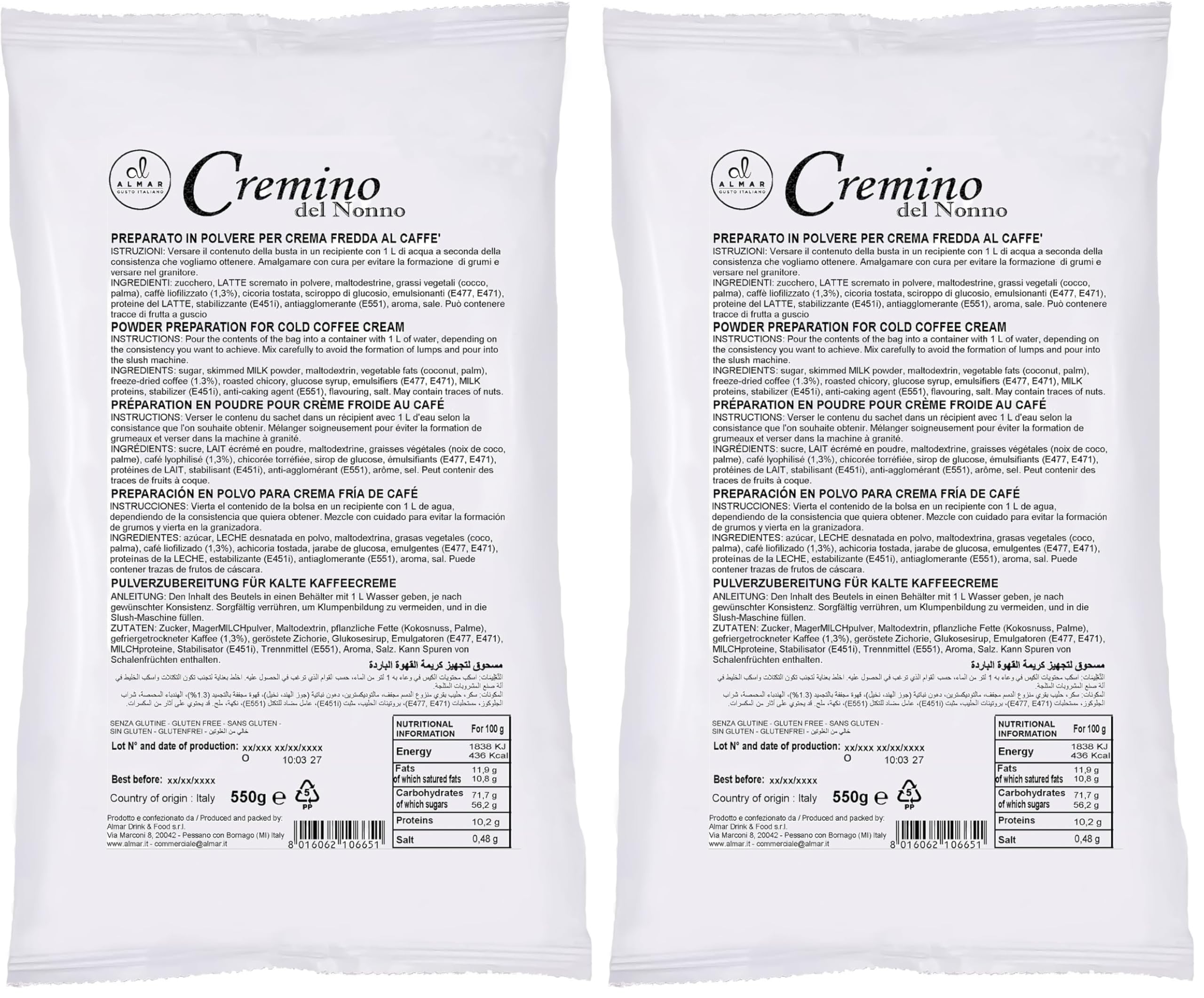 ALMAR - Cremino del Nonno, Crema Caffè Fredda Granitore, Preparazione con Acqua, Dessert Estivo Cremoso, Perfetto per Bar e Locali, Senza Glutine, Made in Italy, Offerta Risparmio, 1 Busta da 550g - 2