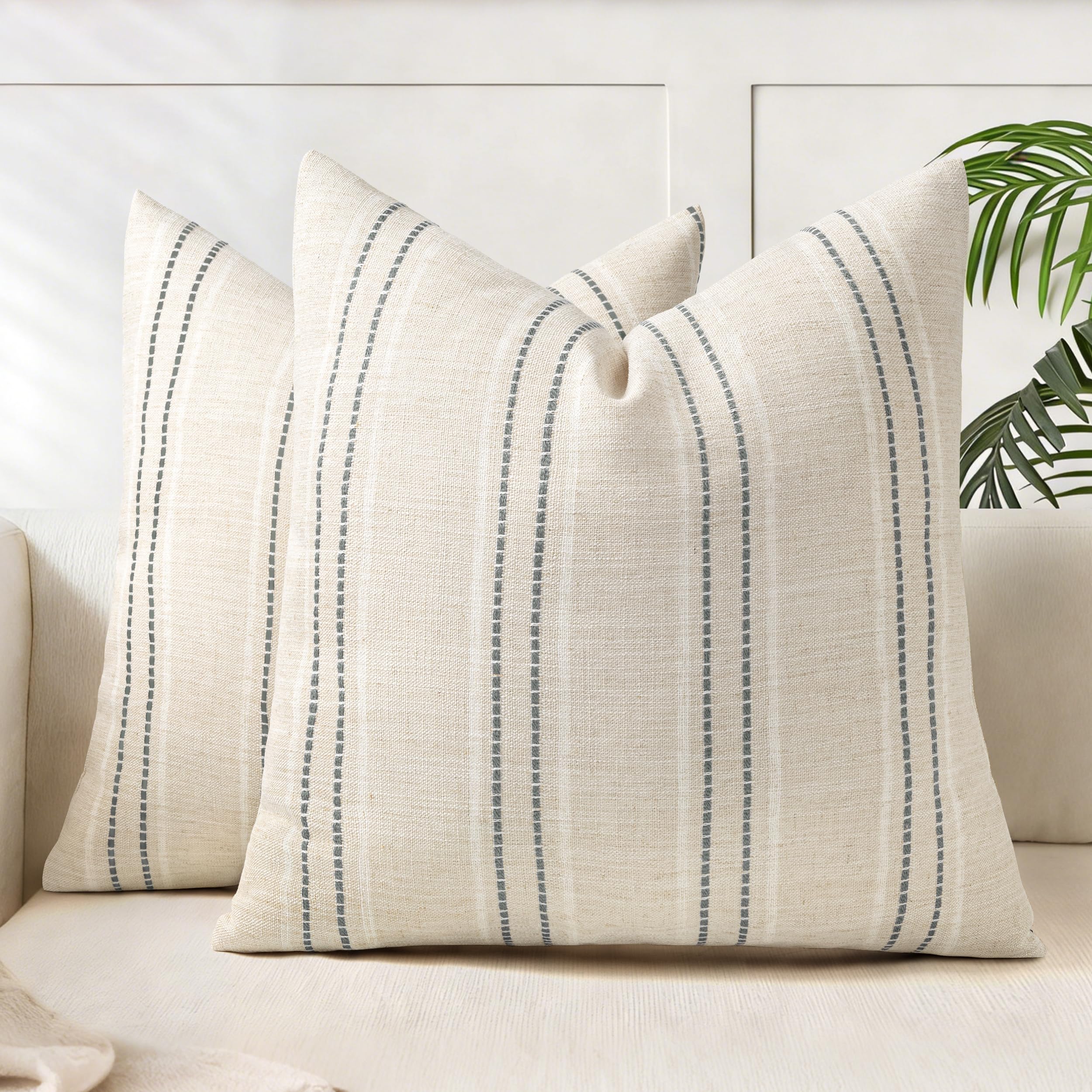 AELS 18x18 Decorative Farmhouse Linen Throw Pillow Covers, Boho Textured Pillow Case, Set of 2, Beige with White & Gray Stitch Yarn Dyed Stripe Cushion Cover for Sofa Couch Living Room (Cover ONLY)