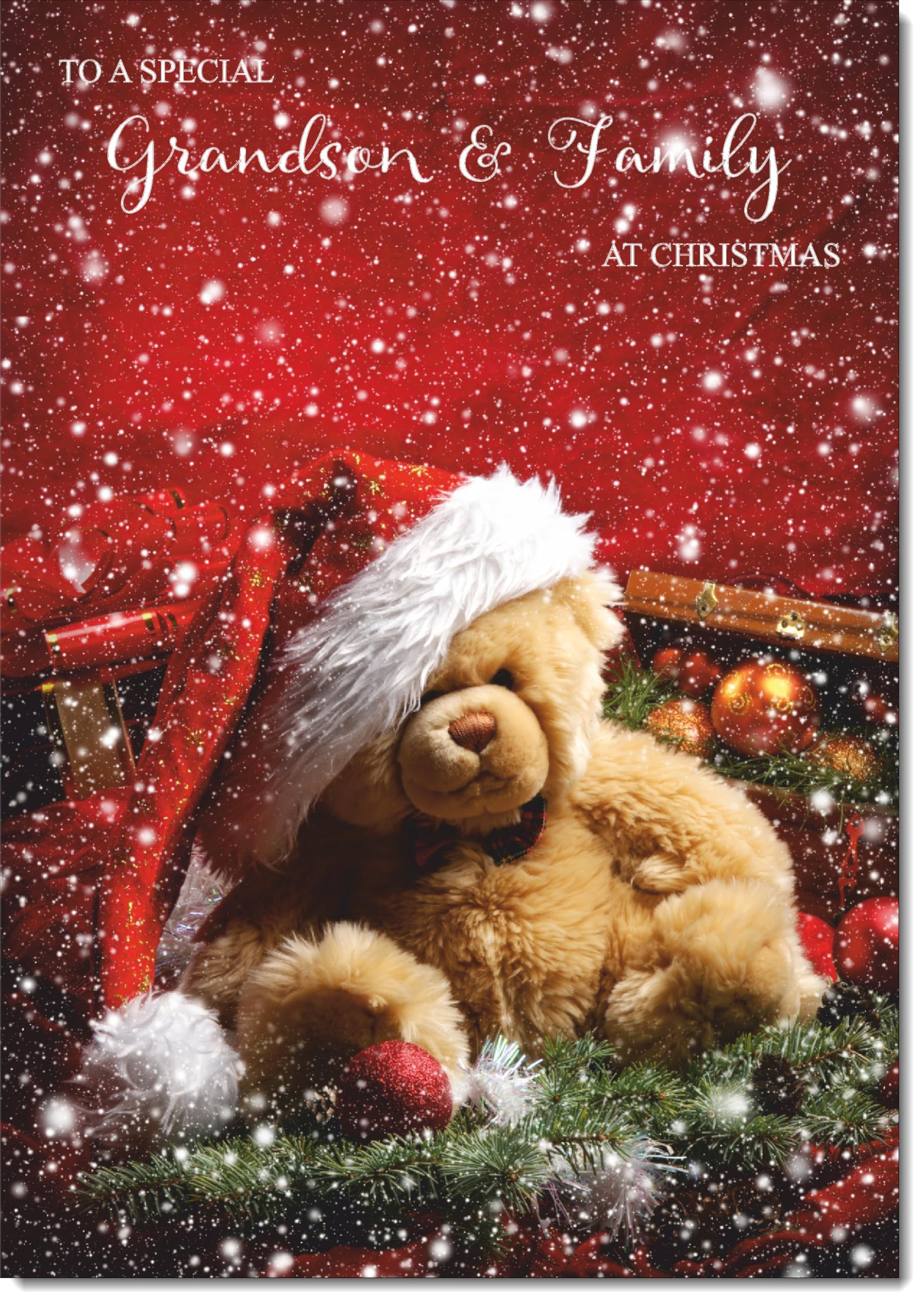 doodlecards Grandson and Family Christmas Card Bear with Santa Hat Large A4 Size Christmas Card for Grandson & Family with Plain Envelope — image 1