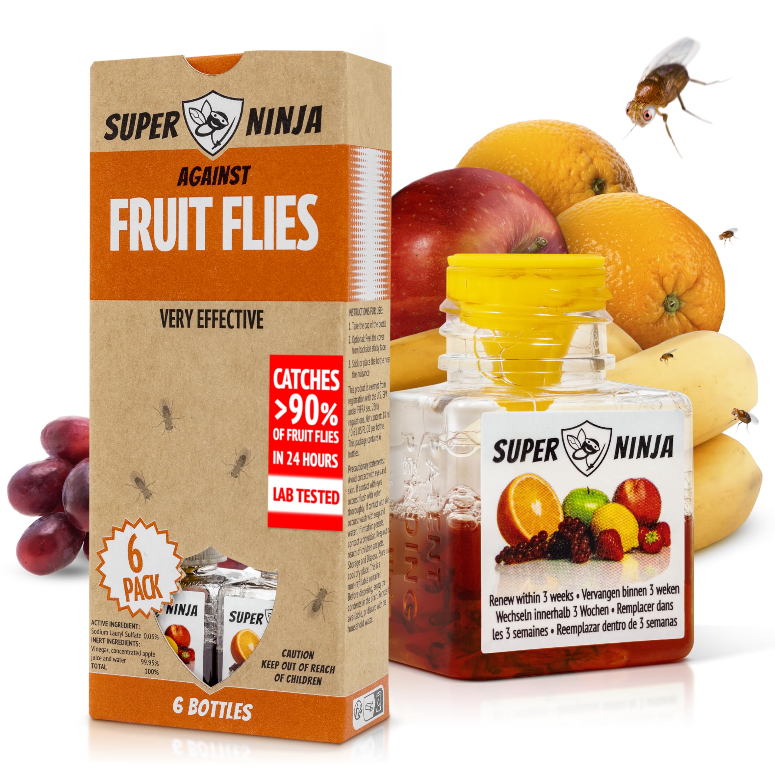 Super Ninja Fruit Fly Trap, 6 pack, Highly Effective Fruit Fly Killer for Home & Kitchen