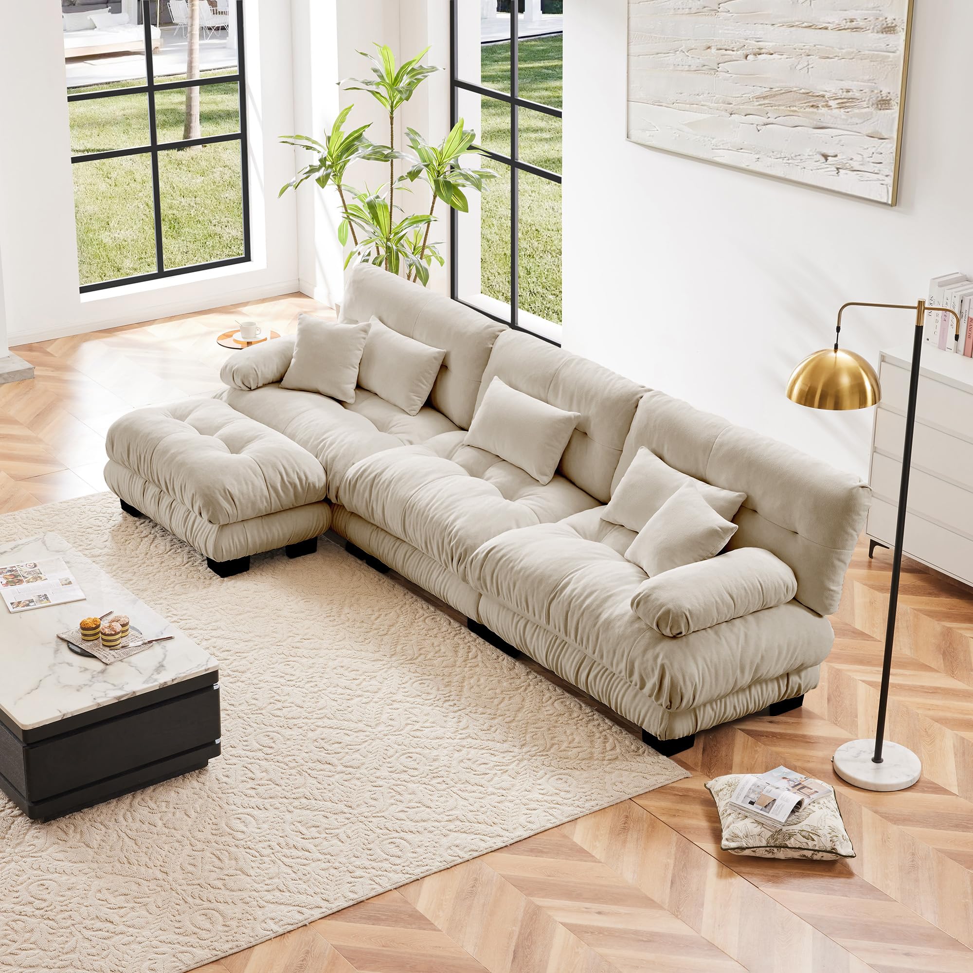 RENDGO 133.8" Luxury Chenille Modular Sectional Sofa Couch,Oversized L Shaped Cloud Couch for Living Room,Light Coffee