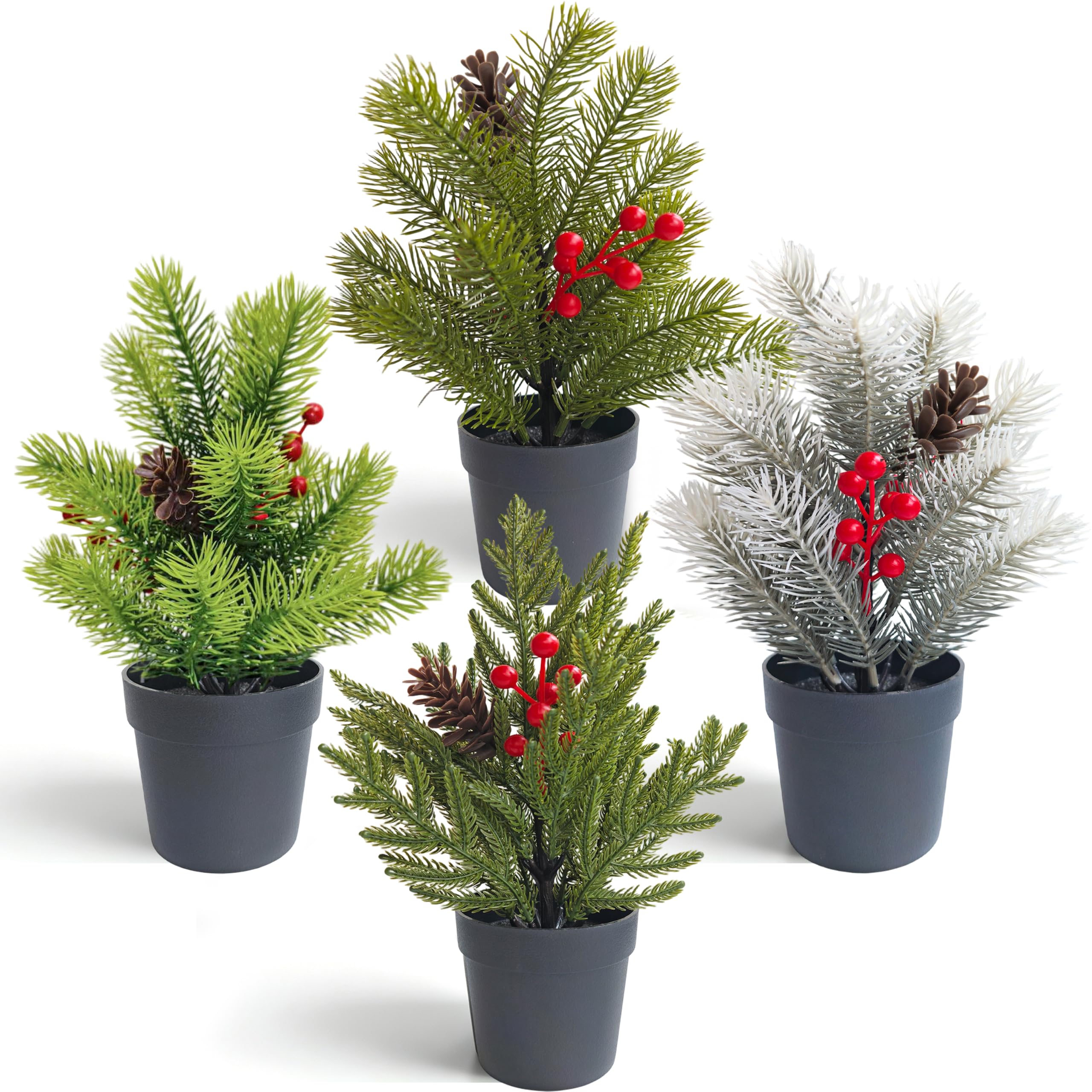 4 Mini Artificial Christmas Trees in Pot,Artificial pine branches With Pots