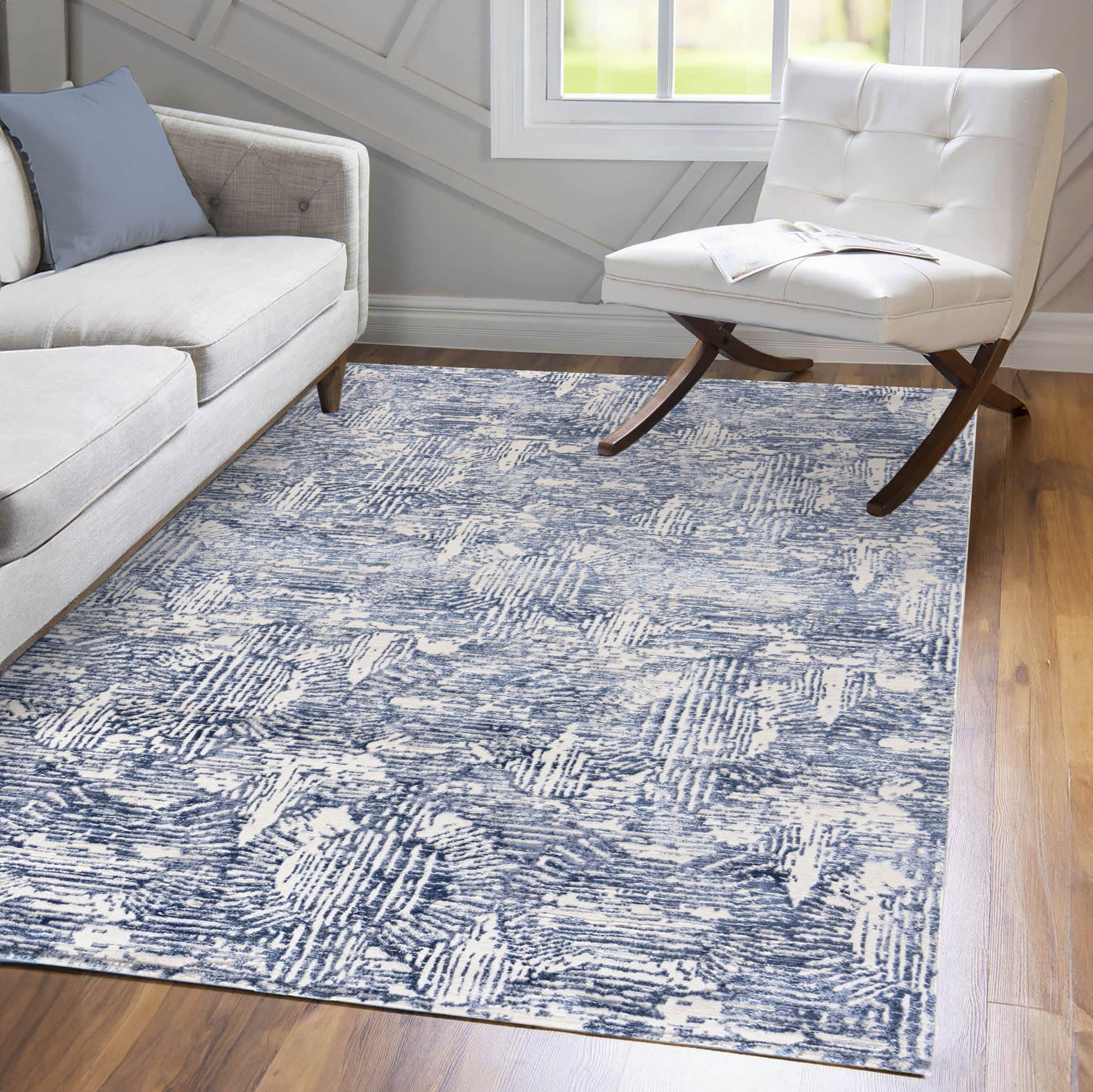 Mazovia Grand Tapis Salon 250x350cm Bleu Géométrique Hampton Motif 3D | Tapis pour Chambre Bureau Salle à Manger Anti-Allergène Chauffage au Sol Facile D'entretien Adapté aux Animaux Poils Courts