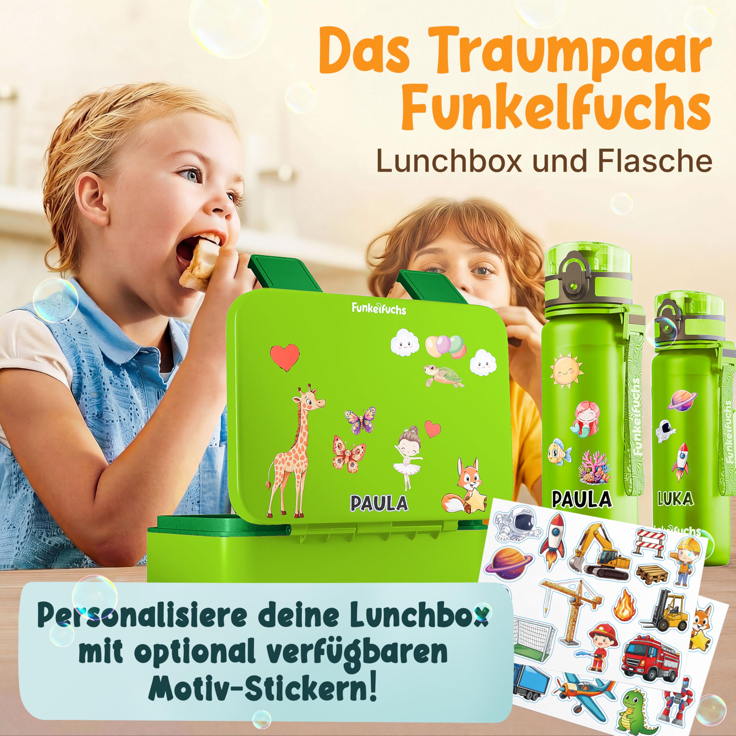 Funkelfuchs LUMI | Brotdose Kinder mit Fächern – 950ml, Grün | Lunchbox BPA-frei für Schule & Kindergarten |Super leicht, nur 350g |Auslaufsicher, Spülmaschinengeeignet | Bento Box, Snackbox, Brotbox