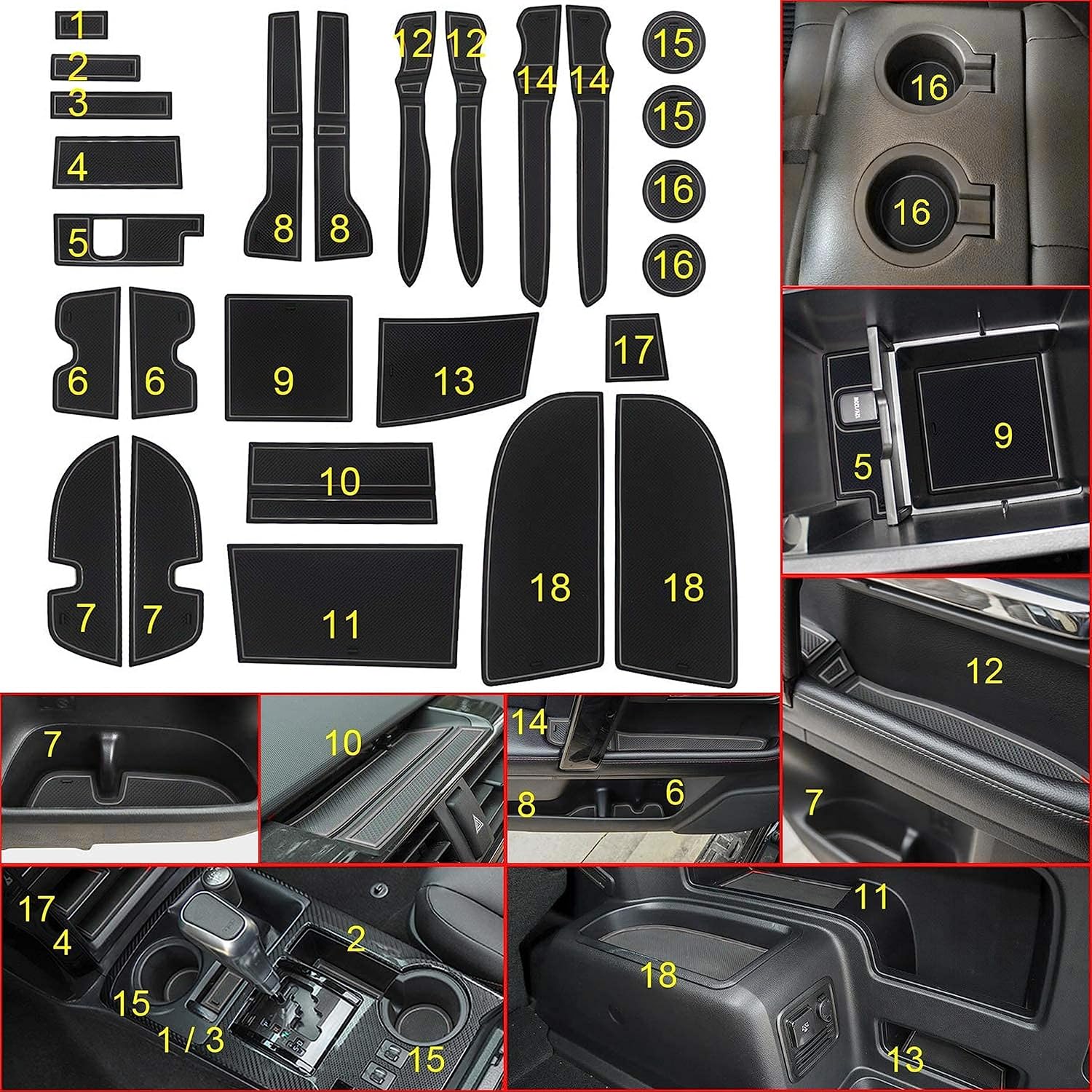 for Toyota 4Runner Accessories 2010-2021 2022 2023 2024 Cup Holder Inserts, Center Console Shift Liner, Door Pocket Slot Mats Non-Slip Anti Dust Pad Custom Interior 26Pcs (2 Row, Gray Trim)