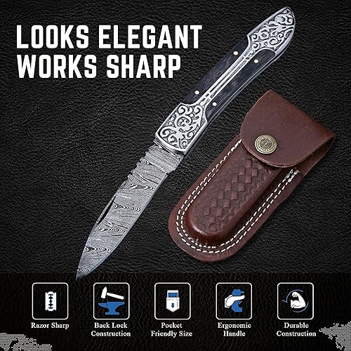Miniatura 7 de DKS Traders Cuchillo de bolsillo plegable de damasco premium con funda, hoja plegable, el mejor regalo para caza, campamento y transporte diario,