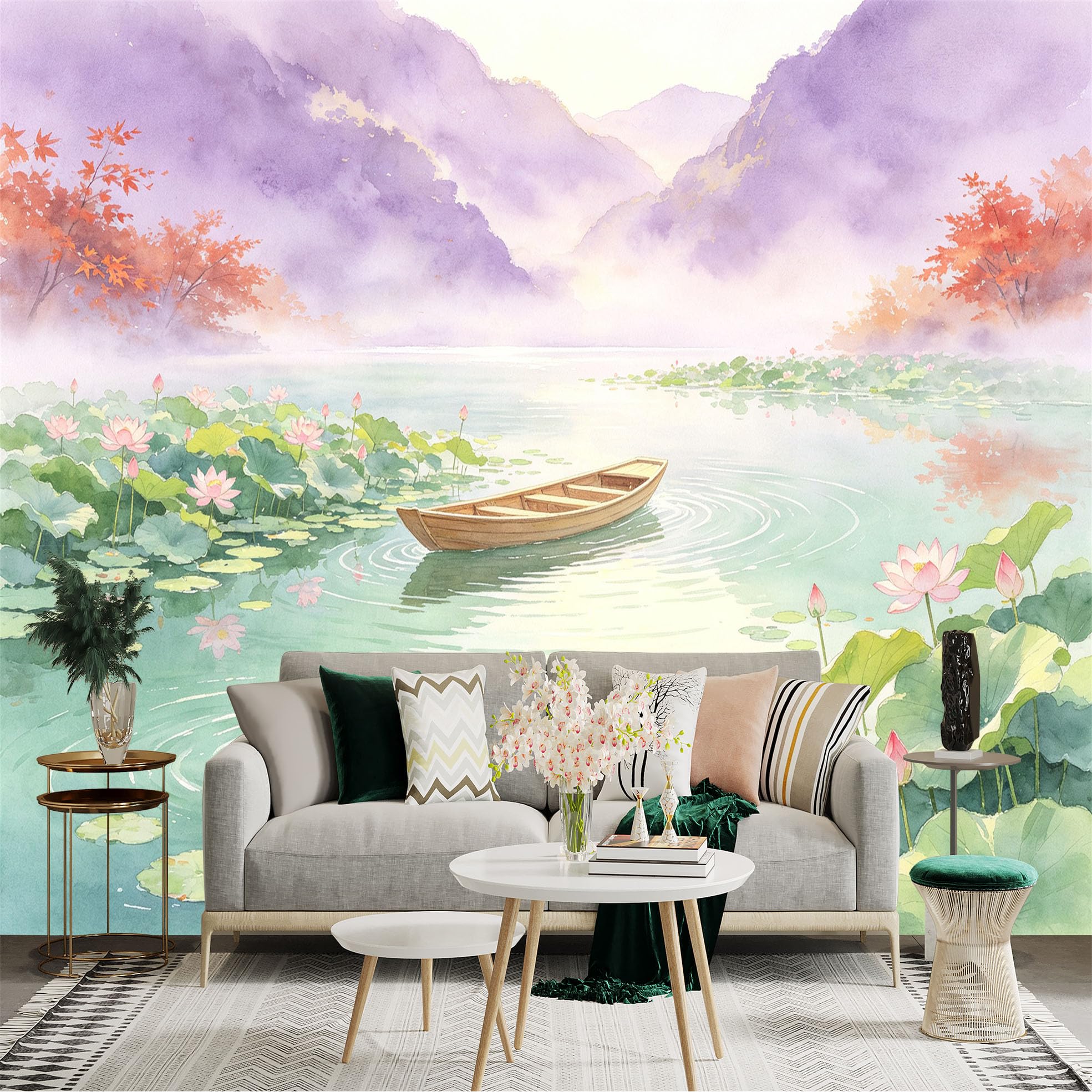 Custom Size Wall Sticker Mural， Watercolor Lotus Pond， Peaceful Lake with Wooden Boat and Mandarin Ducks， for wall Decoration， peelandstick wall Decals.
