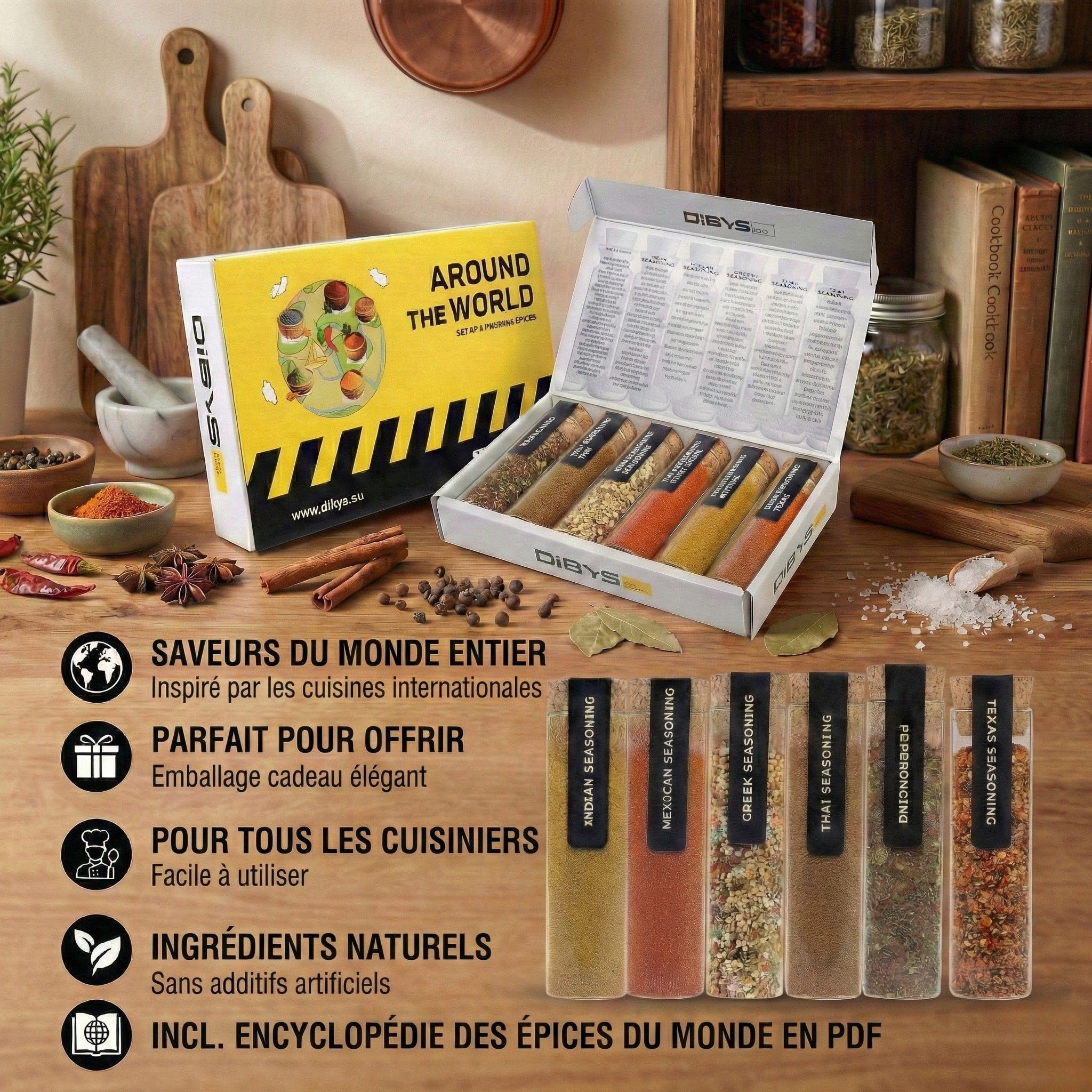 DIBYS Coffret Épices du Monde | Recettes Incluses | Coffret Cadeau Épices | Cadeaux pour les Amateurs et les Passionnés de Cuisine | Mélanges d'épices d'Inde, du Mexique, de Grèce & plus encore