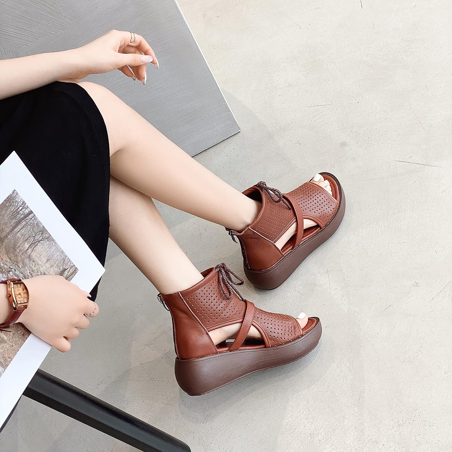 Women High Top Boot Sandals Open Toe Cutout Leather Sandals for Women - Image 7