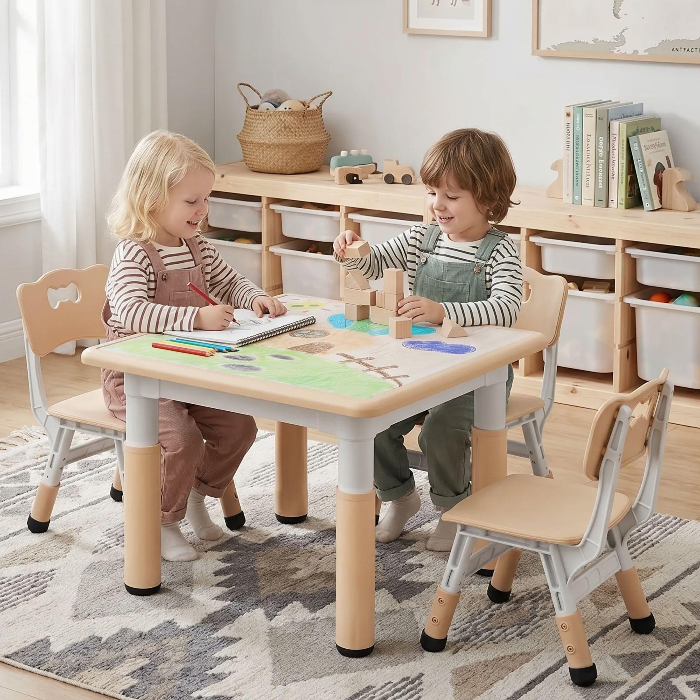 Kindertisch mit 2 Stühlen, Kindersitzgruppe Höhenverstellbar Packung, Tisch Stuhl Set für Kinderzimmer, Plastik Kindermöbel, Maltisch Sitzgruppe für Mädchen ab 3 Jahre（Gelb, Quadratischen Tisch）