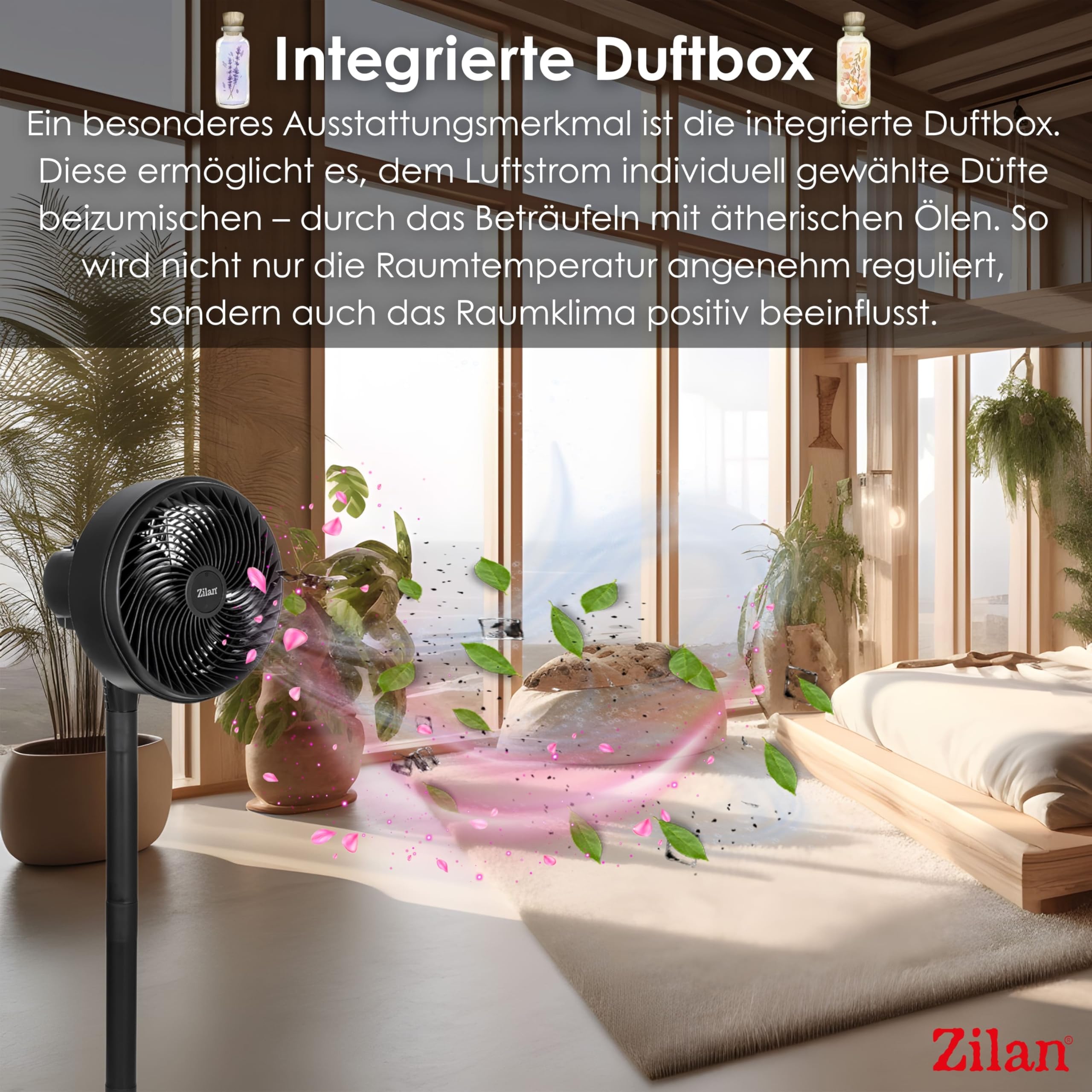 Zilan Standventilator 65 Watt kraftvoller Ventilator sehr leise energiesparend 3 Stufen hoher Luftdurchsatz 90° oszillierend höhenverstellbar Bodenventilator mobiler Luftkühler Standlüfter Tower Fan