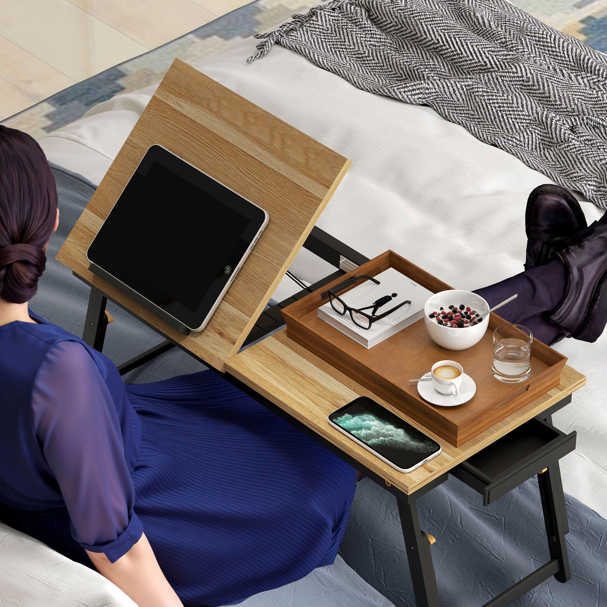 HOMCOM Składany i regulowany stolik na łóżko, blat łóżka na laptopa z półką, szufladą, bambusowe biurko do łóżka, 86 l x 33P x 22,5-32H cm, dąb