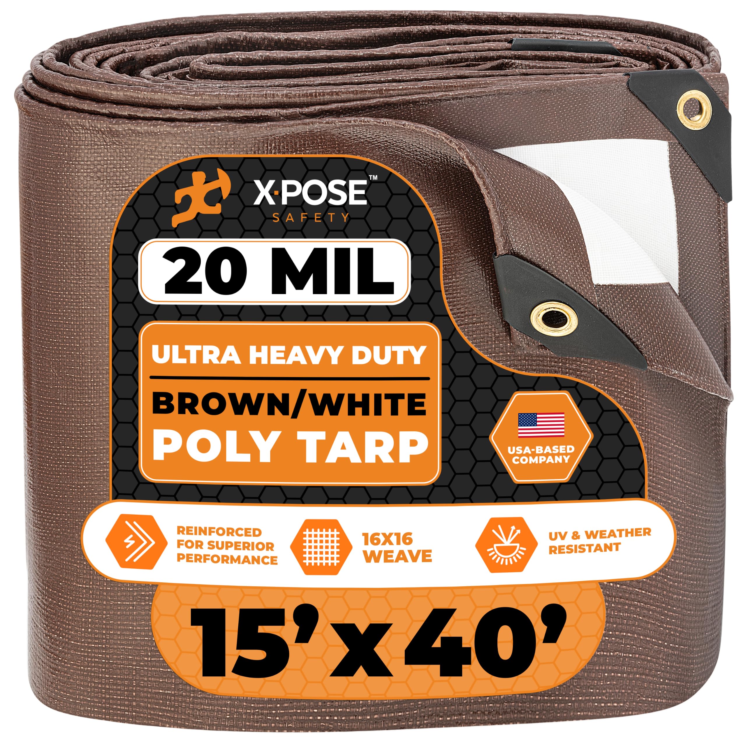 Xpose Safety 15' x 40' Brown/White Ultra Heavy Duty Tarp - 20 Mil