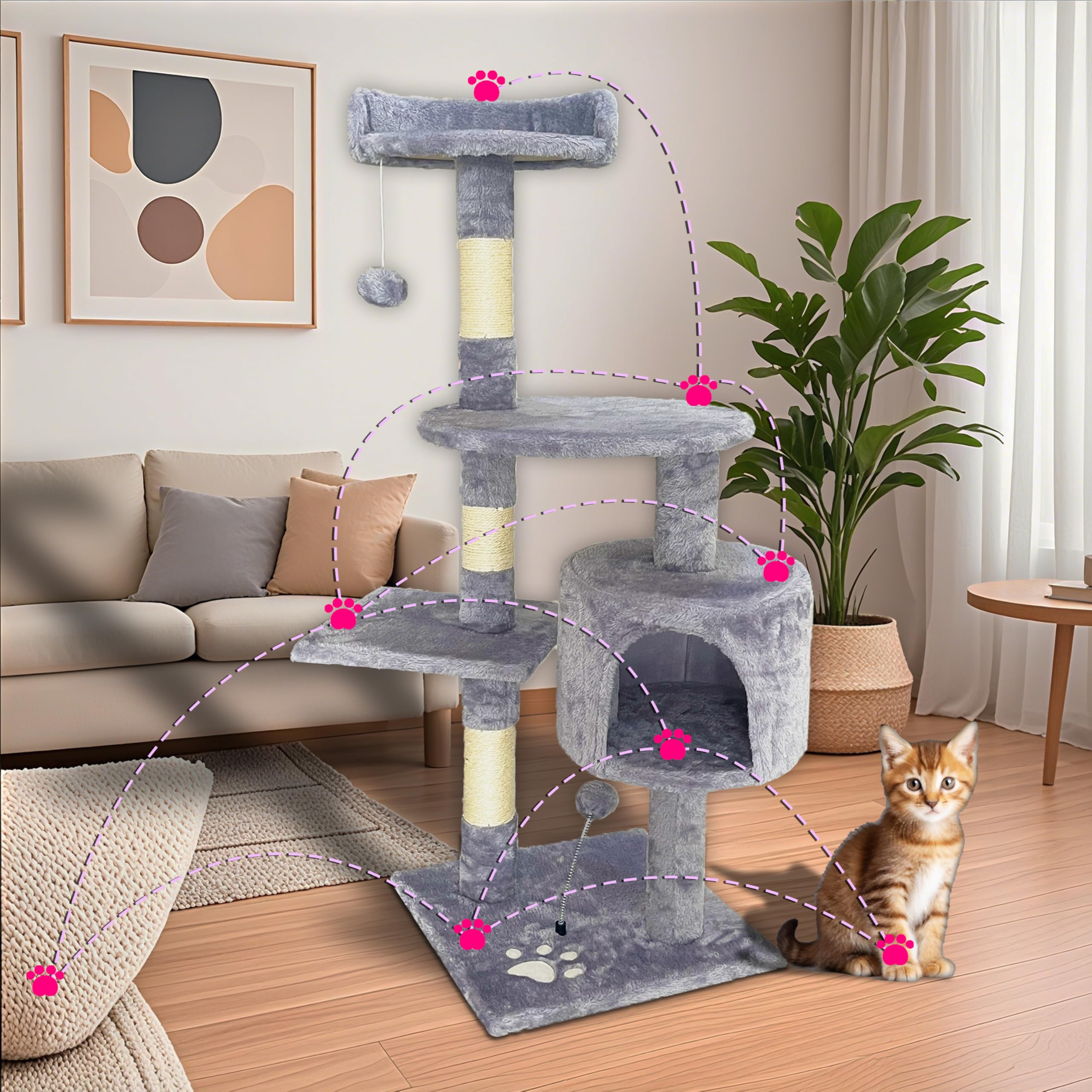 Aitodos® Arbol Rascador para Gatos,Gris Claro,115 cm de Altura,5 Pilares, 4 Plataformas, 1 Cueva de Gatos y 2 Bolas Colgantes, Tabla de Rascado de Gato, Tela de Felpa,Torre para Gatos