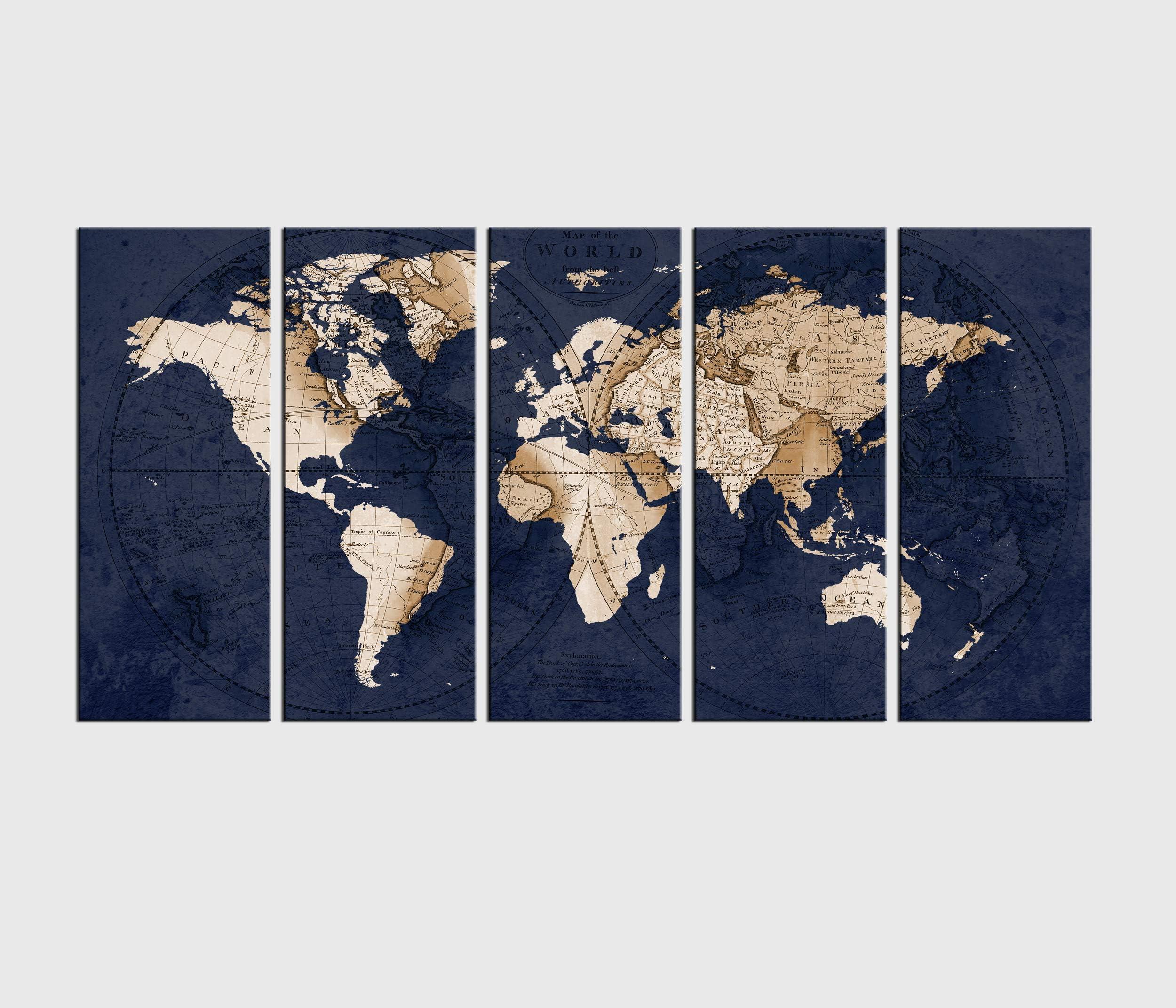 Navy Blue World Map Canvas Art, Large Wall Art Print Framed,World Map Wall Big Size For Living Room, 5 pieces, Wall Art quotes 774