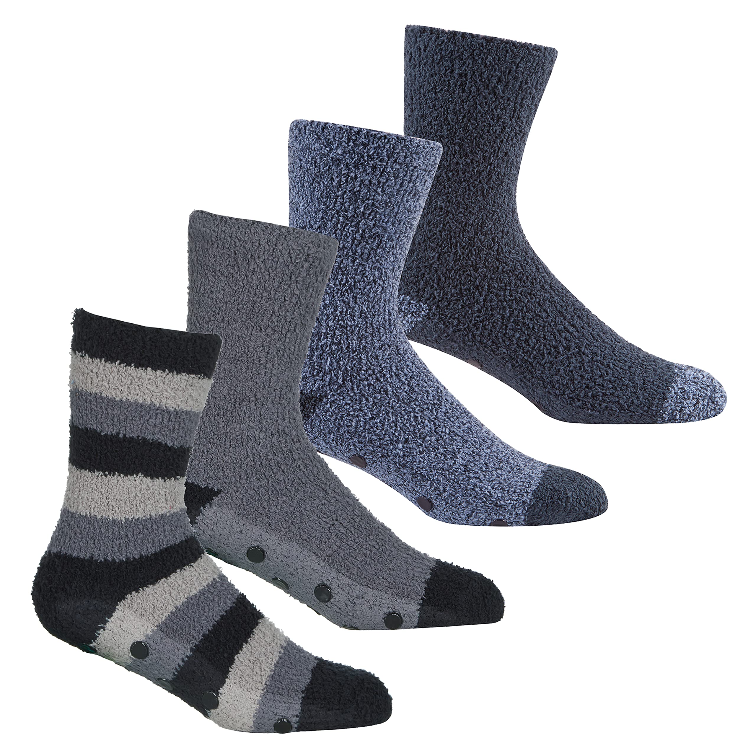 Metzuyan Mens Bed Socks Thick Multipack Grippers Winter Warm Soft Fluffy Lounge Stripe Navy 6-11