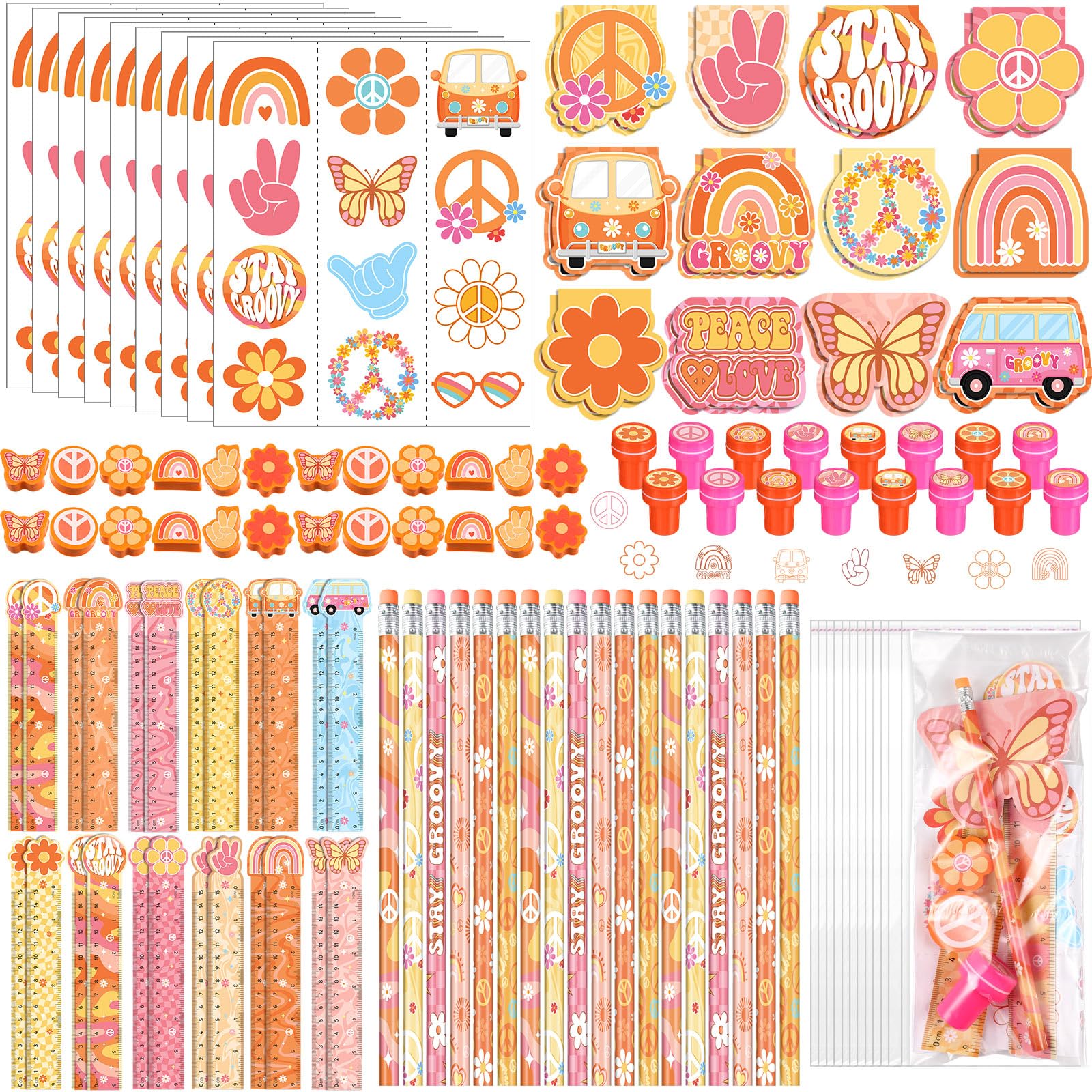 PerKoop 168 Pcs Groovy Party Favors Birthday Decorations Retro Boho Hippie Themed Two Groovy Mini Notebook Pencil Sticker Stamp Gift Goodie Bag for