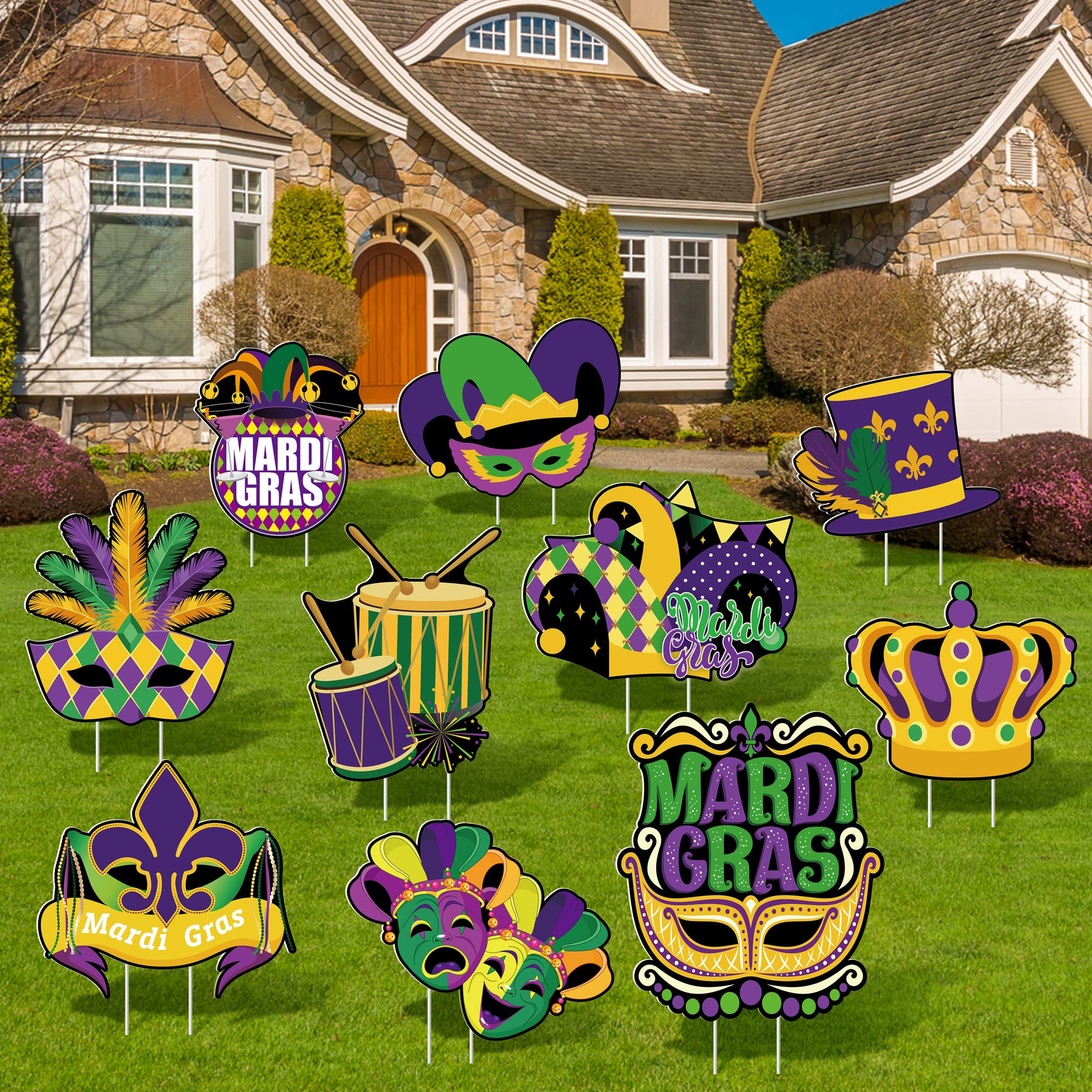 ADXCO 10 Pieces Mardi Gras Yard Lawn Signs Waterproof Happy Mardi Gras