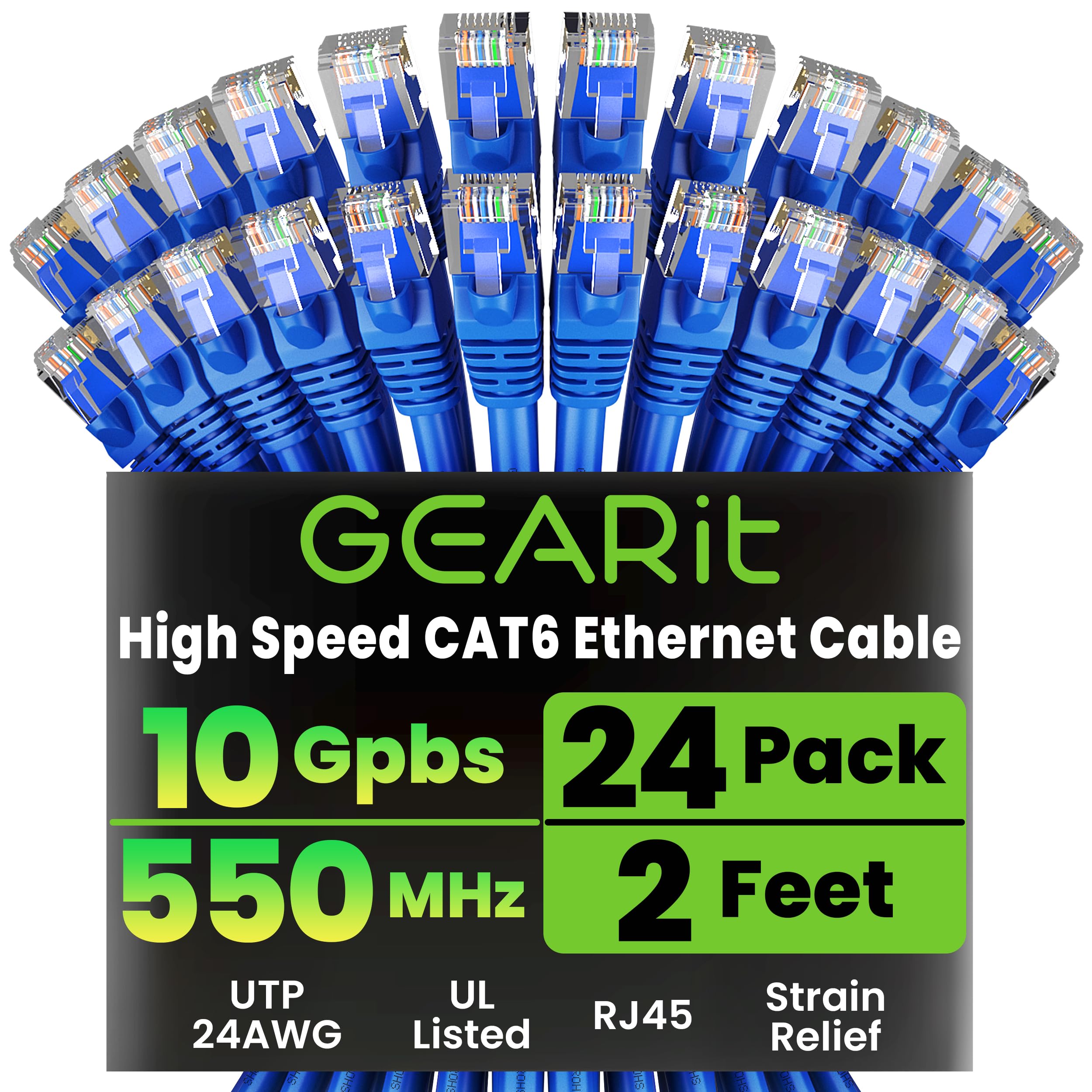 Cat 6 Ethernet Cable Pack - 24-Pack 2 ft Cat6 Ethernet Patch Cables | RJ45 Network Patch Cable, 10 Gbps Snagless Gold-Plated Connectors - Ethernet Cable Cat 6 for PC, TV, Router - Blue