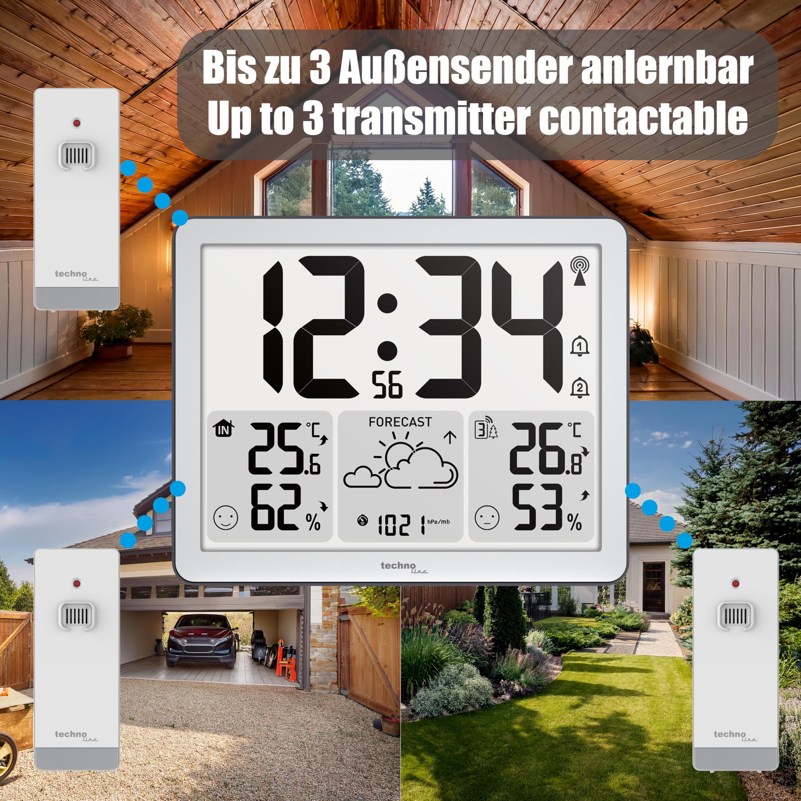WS6780-2 in 1 orologio radio e stazione meteo radio in uno, temperatura interna ed esterna, umidità, pressione atmosferica, fino a 3 trasmettitori (un trasmettitore incluso)