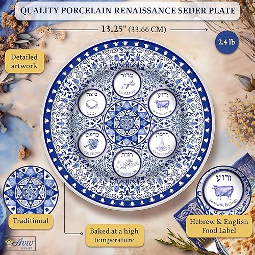Miniatura 2 de Jessica Sporn Pesach - Plato para seder renacentista de 13 pulgadas, bandeja redonda de porcelana con patrón floral adornado, extra grande, para