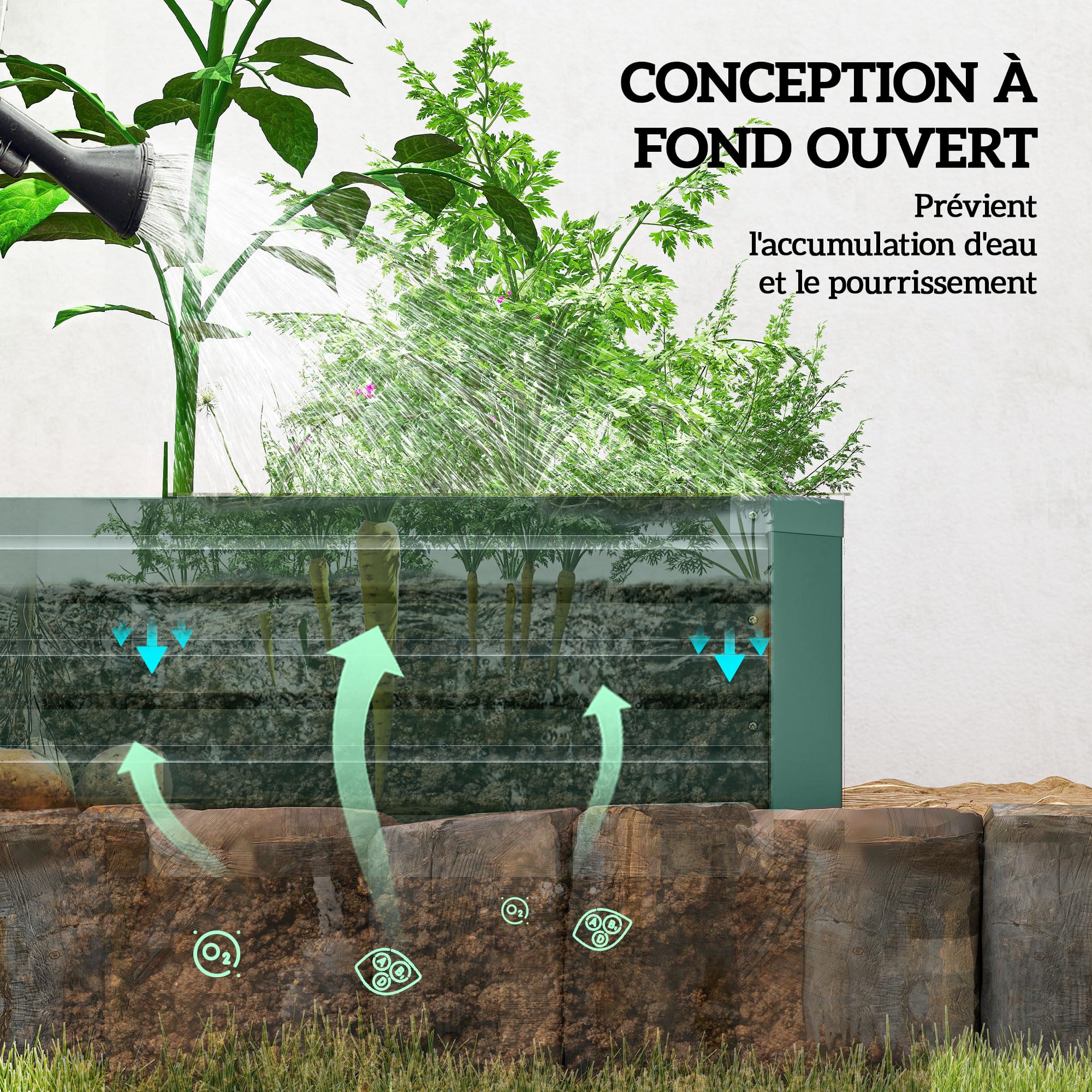 Outsunny Carré Potager Rectangulaire Acier Galvanisé 240x60x30cm Vert | Lit de Jardin Surélevé, Fond Ouvert, Jardinière avec Coins de Protection