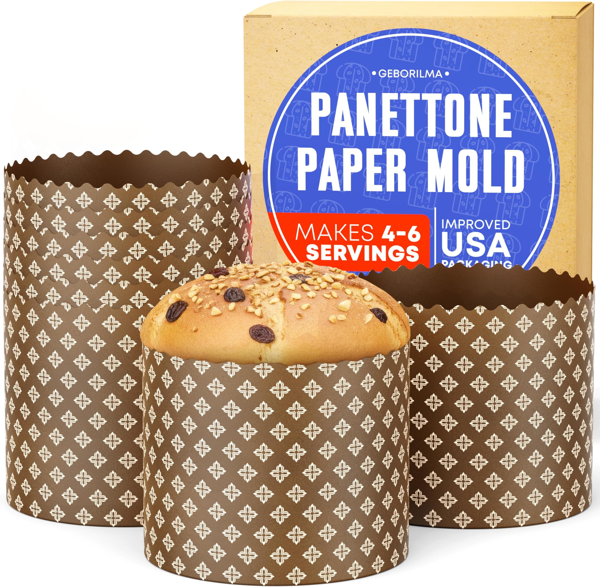 Natalie's Kitchen Easter Bread Paper Molds Panettone Baking Form D 5.9” x H 3.9” (D 15cm x H 10cm) 6 Pack Brown and Gold Deluxe Paska Paskha Pascha Kulich Cake Cups