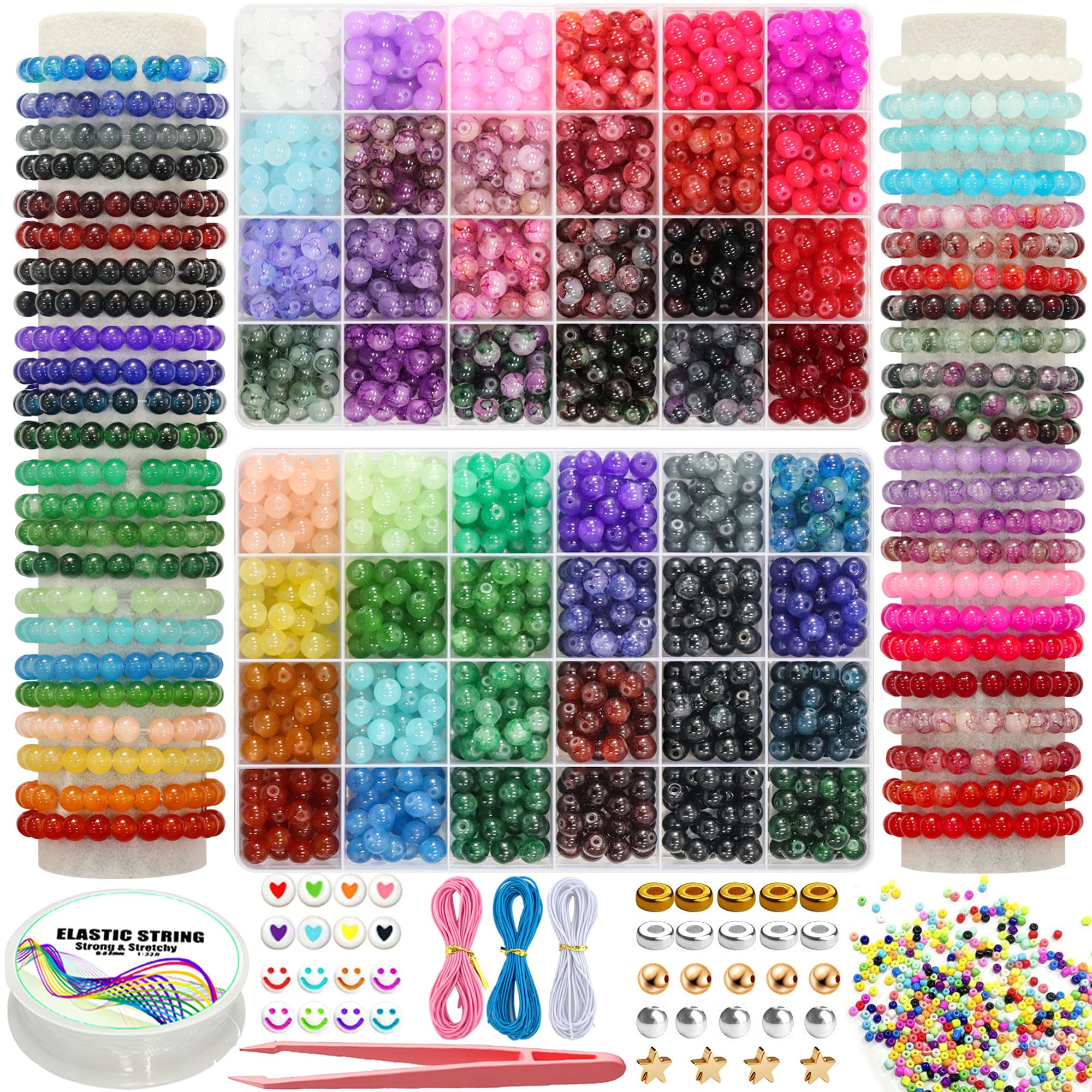 LIS HEGENSA 8MM 48Color Glass Beads for Bracelet Making Kit, 1700pcs+ Round Crystal Glass Beads Jewelry Making Kits, Bead Starter Kit for DIY Crafts,