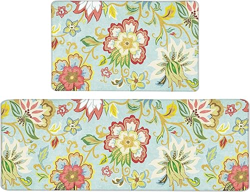 Miniatura 1 de Juego de 2 alfombras y tapetes de cocina florales, antifatiga, coloridos de cachemira, cómodos tapetes de pie, modernos tapetes acolchados