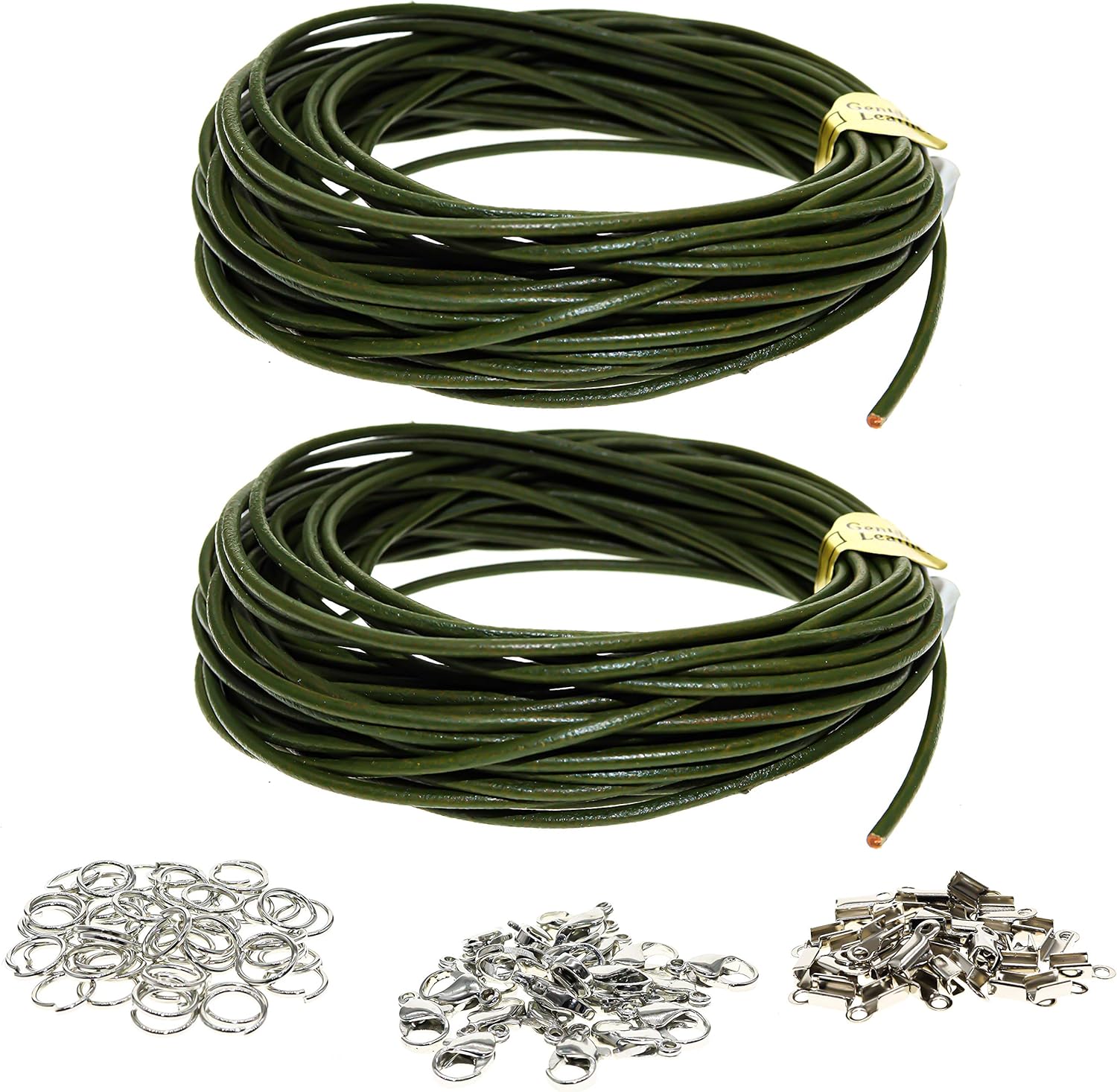 Fun-Weevz 10 Meters of 2mm Genuine Leather Cord for Jewelry Making Adults with Jewelry Findings, Thread Leather Necklace Cord, String for Bracelets, Craft Macrame Supplies Twine (Olive Green)