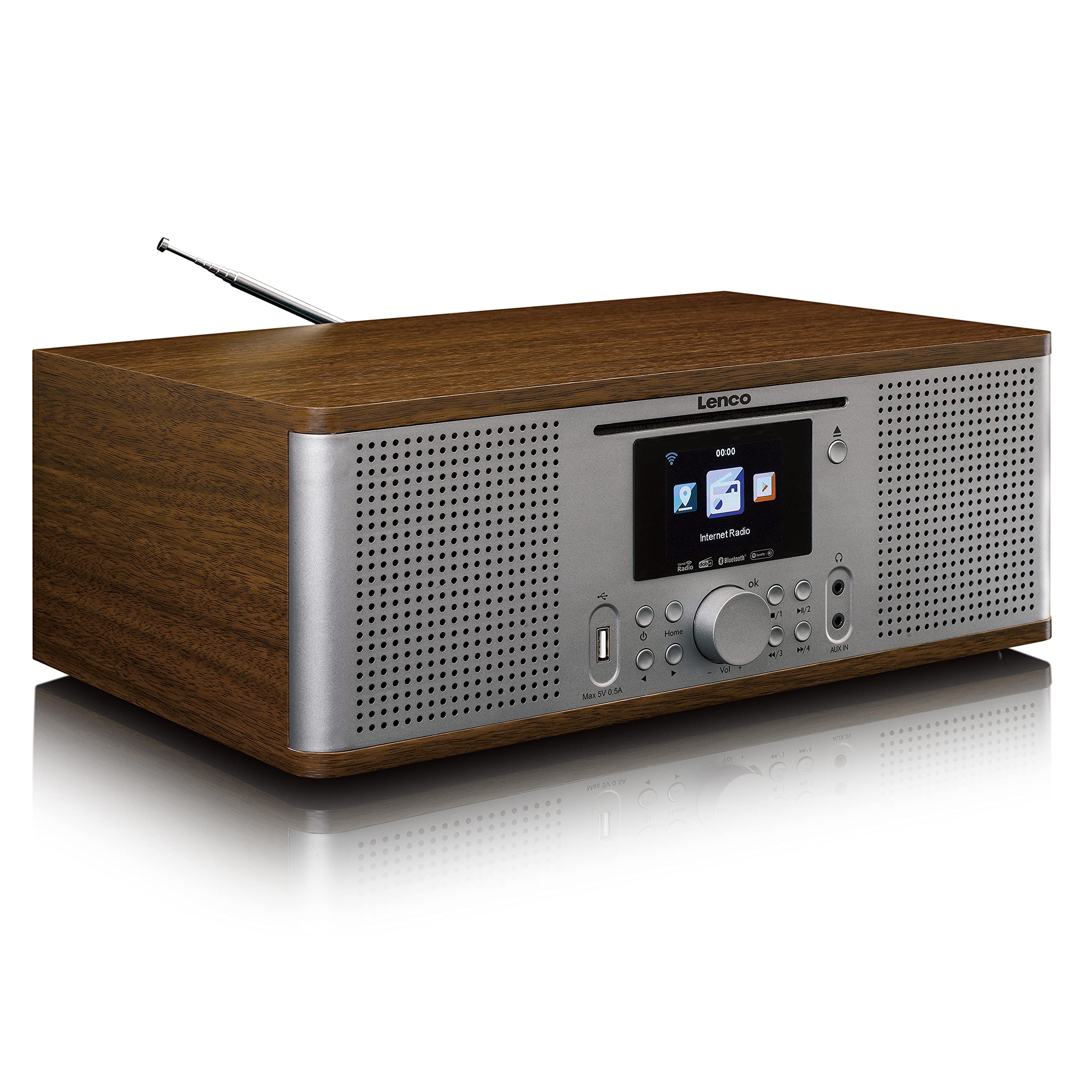 Lenco DIR-270 Radio Internet, DAB+, lecteur CD/MP3, Bluetooth, Spotify Connect, Wi-Fi, écran couleur 2,8", AUX, fonction réveil, 2 x 10 W RMS et télécommande, Bois/argenté