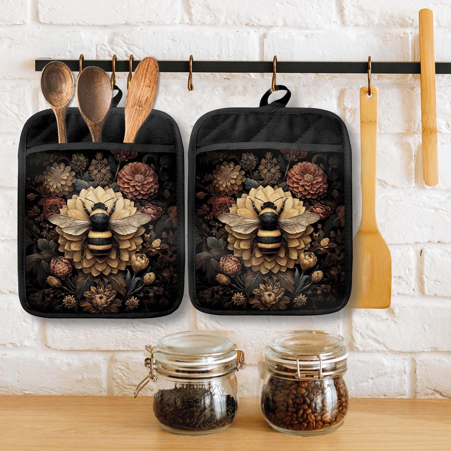 Dark Vintage Floral Bee Pot Holders with Pockets, Bee Kitchen Decor, Dark Cottagecore Gothic Bumblebee Oven Pot Holders Heat Resistant Oven Mitts Hot Pads for Kitchen Baking Cooking - Image 3