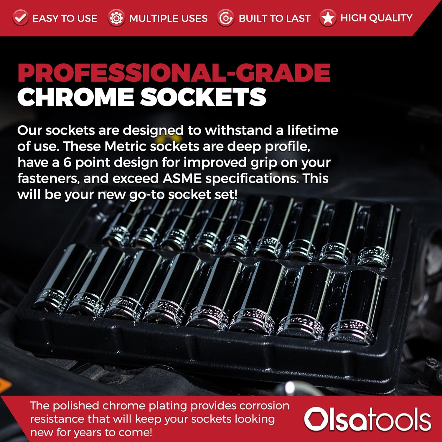 Olsa Tools Metric Deep Socket Set - 1/2-Inch Drive, 18pc - 6-Point Chrome Sockets from 10mm–27mm and No Skipped Sizes - Mechanic Deep Metric Socket Set - Professional Grade Long Sockets - Part: 1325