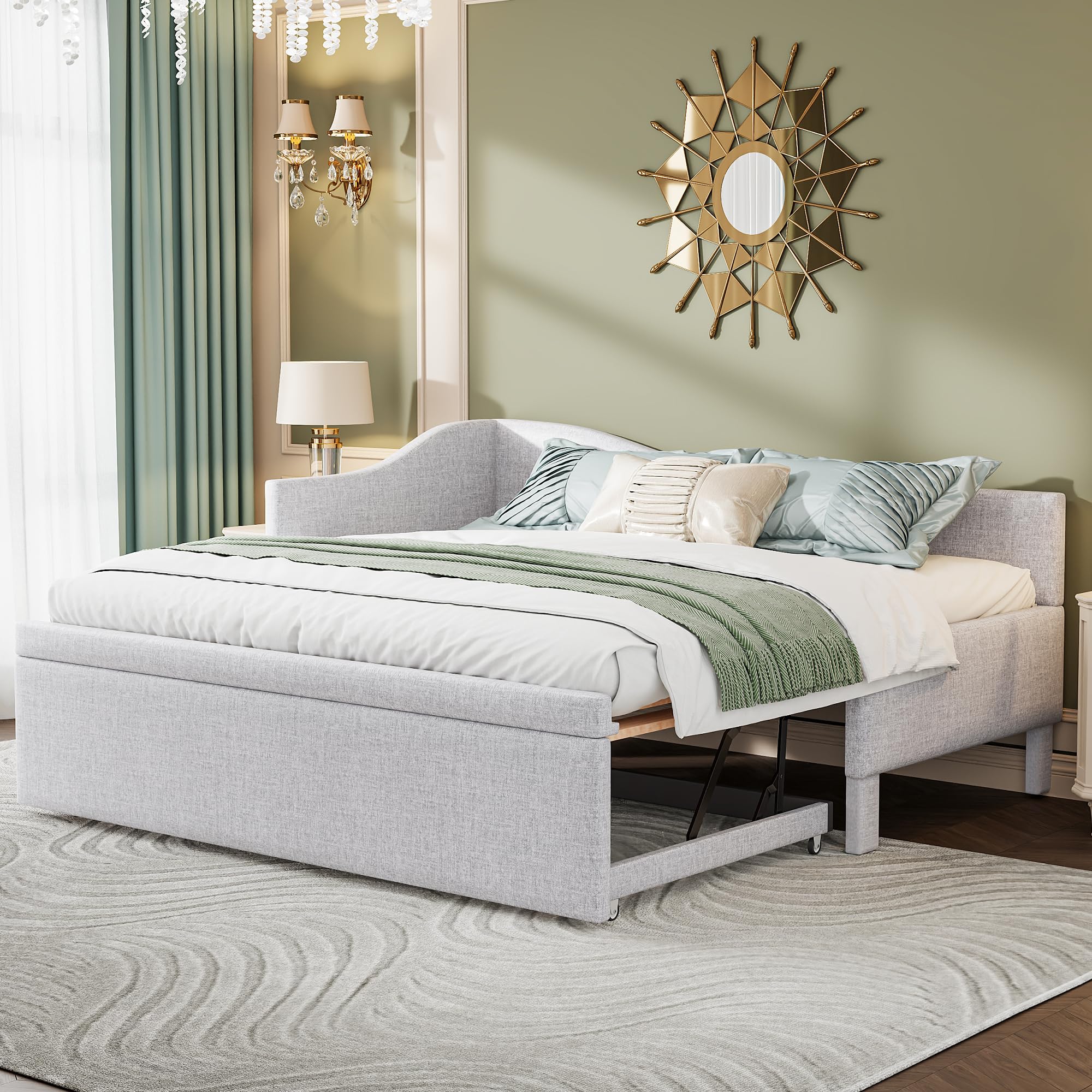 Twin Size Upholstered Daybed with Pop up Trundle,Linen Day Bed Frame with Extendable Trundle,Twin to King Daybed,Tufted Sofa Bed for Bedroom,Living