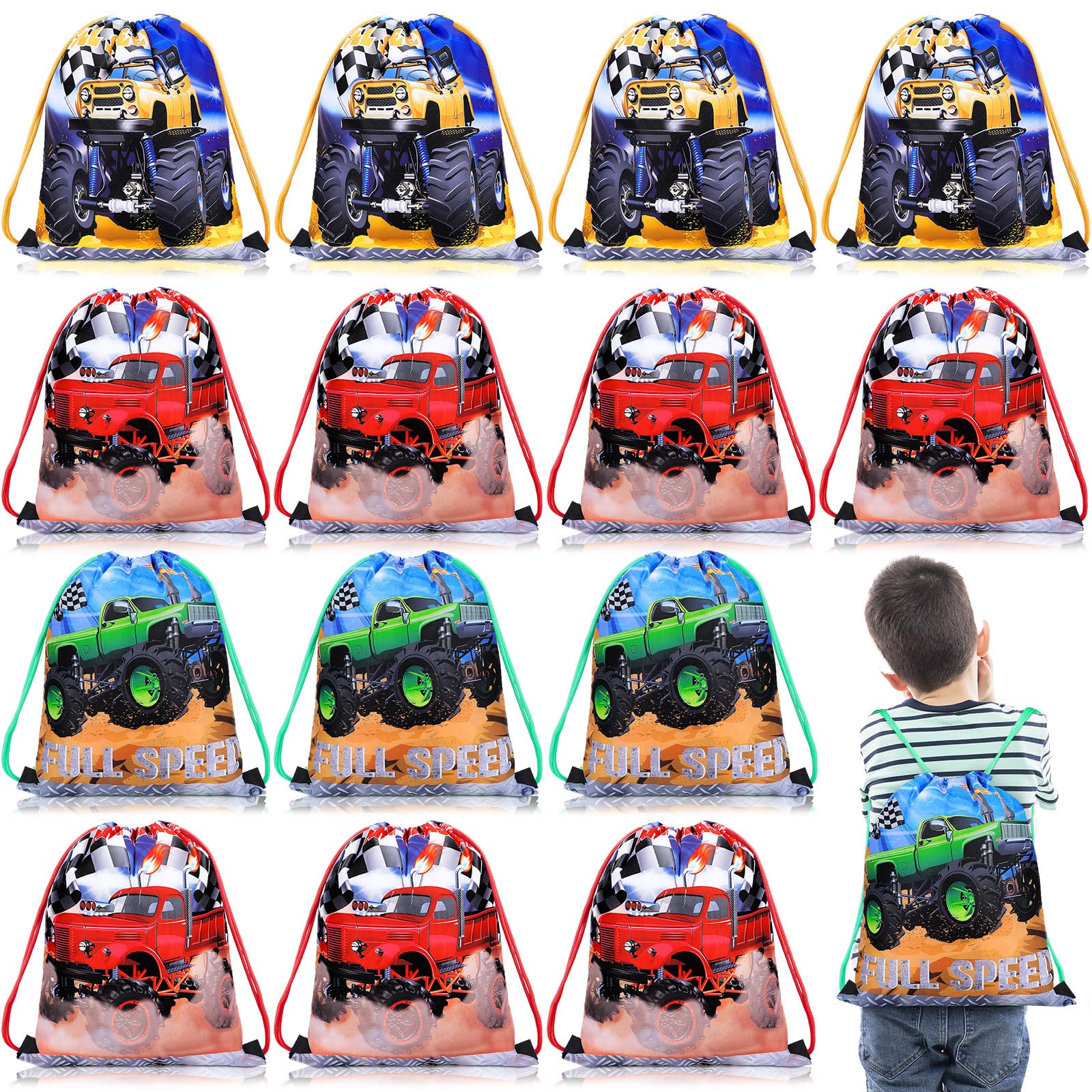 Yinder 16 Pcs Truck Party Drawstring Bags Gift Racing Candy Treats Bags Kids Truck Theme Birthday Party Supplies Decoration