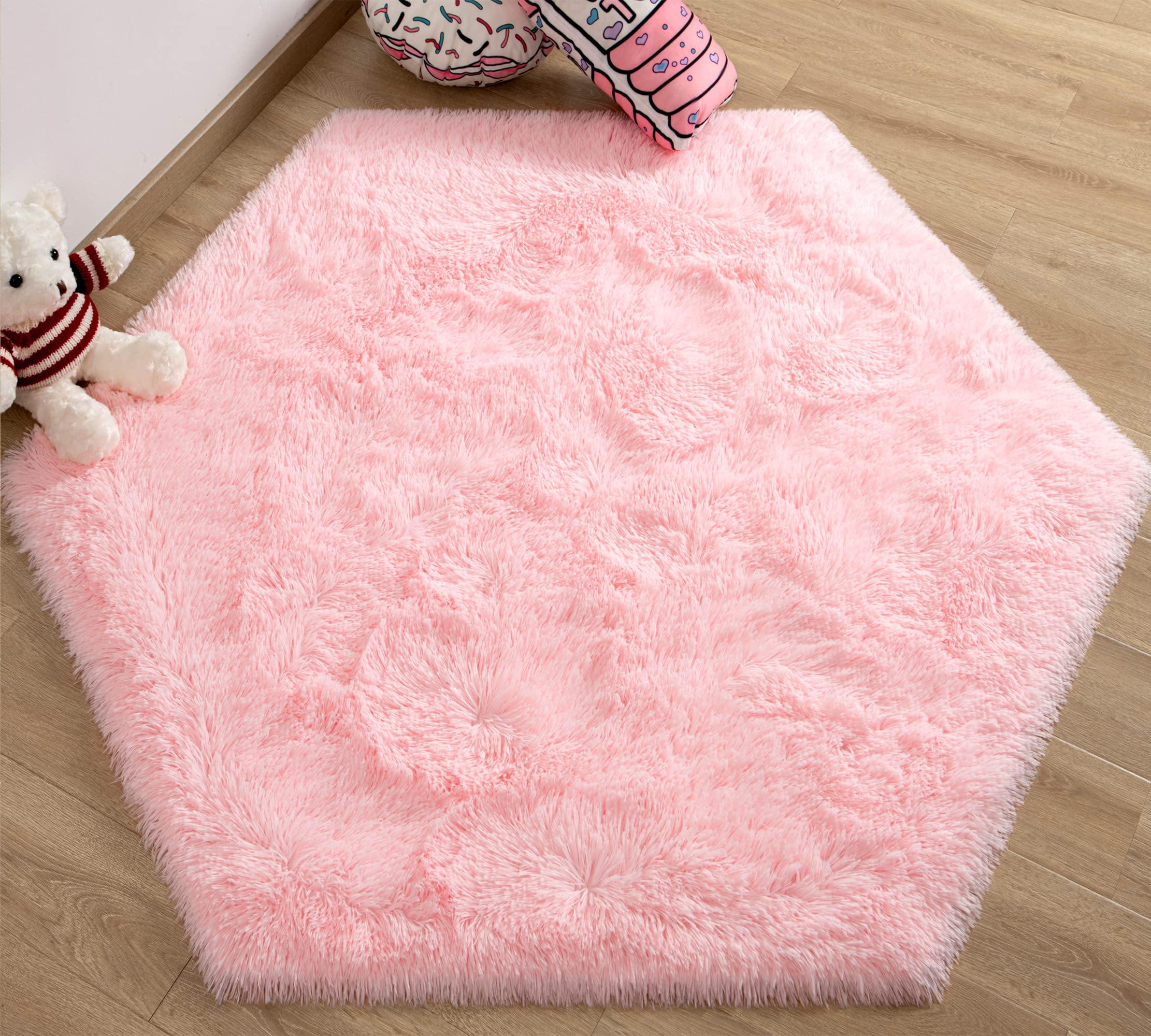 EVOIONOS Pink Hexagon Rug for Princess Tent , Fluffy Area Rug for Kids Room , 4.6X4 FT , for Girls Tent , Furry Soft Nursery Rug , Fuzzy Plush Carpet for Teen Girls Bedroom