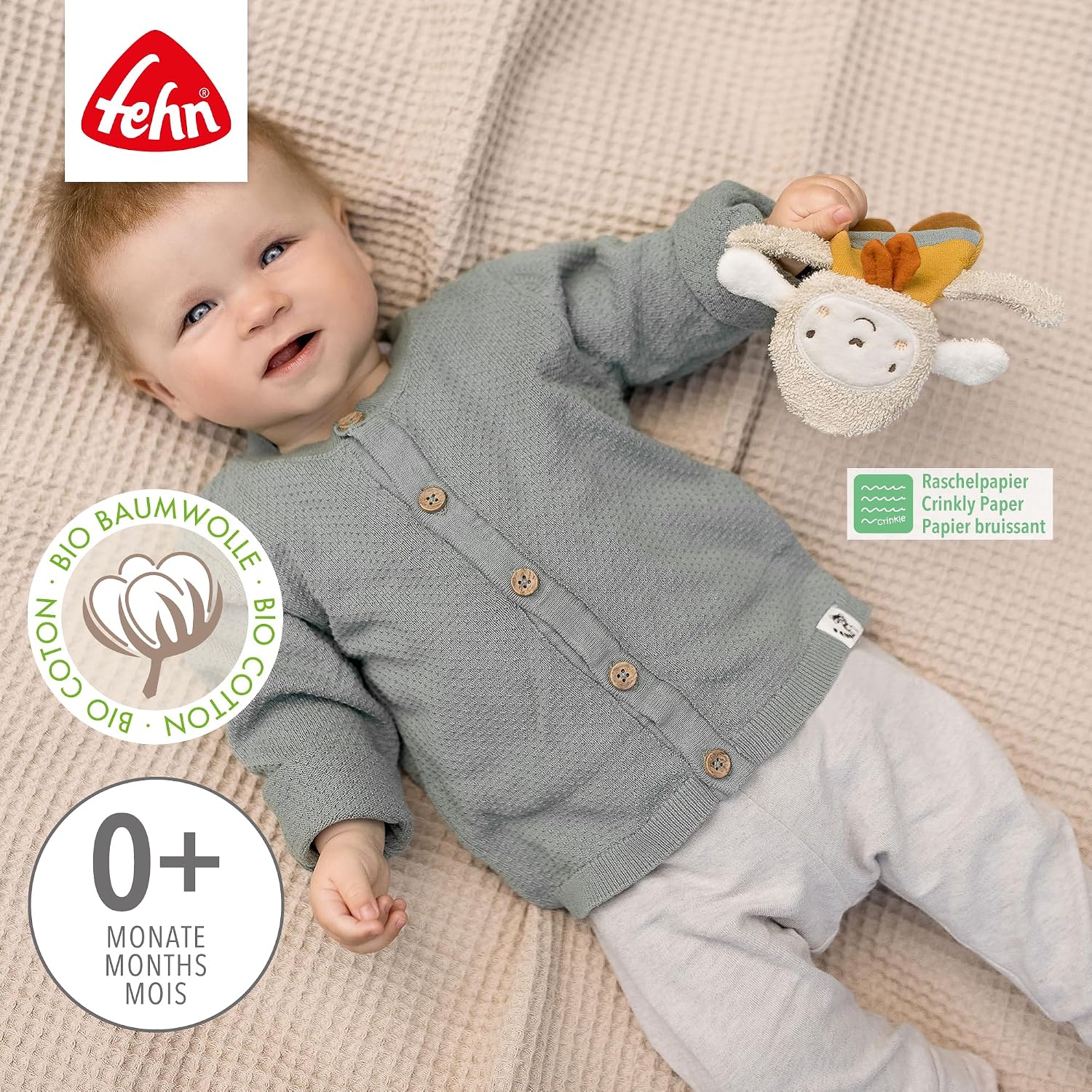 Fehn fehnNATUR rustling sheep - Activity Soft Toy for Grasping and Playing - Motor Skills Toys & Rustling Toys for Babies and Young Children from 0+ Months